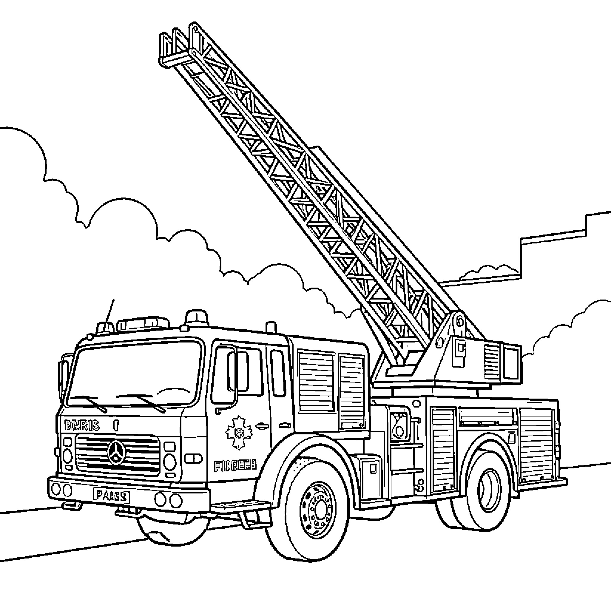 Fire Truck extending a long ladder towards the sky Coloring Page (free black-and-white line drawing printable PDF for all, from beginners to advanced learners, including children, teens, adults, and seniors)