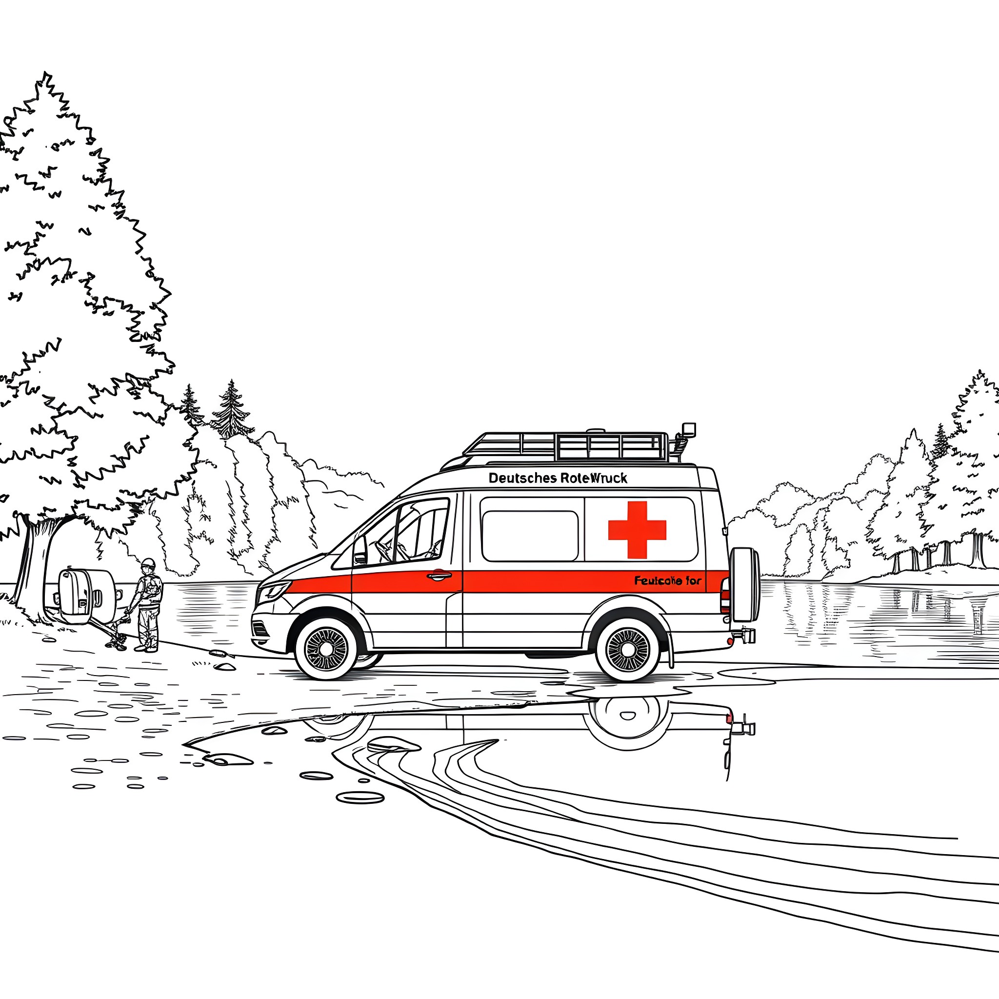 Ambulance responding to emergency in nature Coloring Page (free black-and-white line drawing printable PDF for all, from beginners to advanced learners, including children, teens, adults, and seniors)