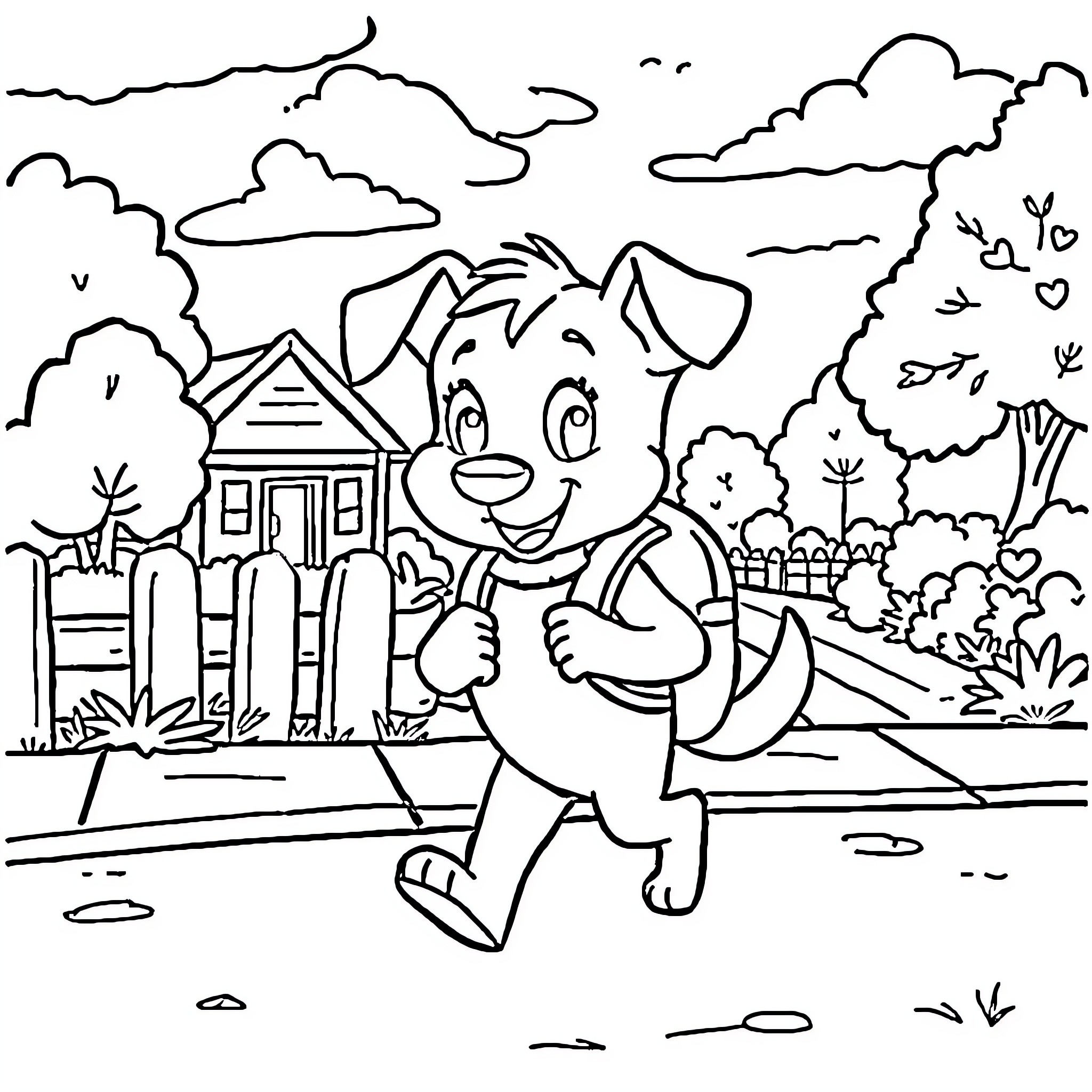Bluey playing happily in the neighborhood Coloring Page (free black-and-white line drawing printable PDF for all, from beginners to advanced learners, including children, teens, adults, and seniors)