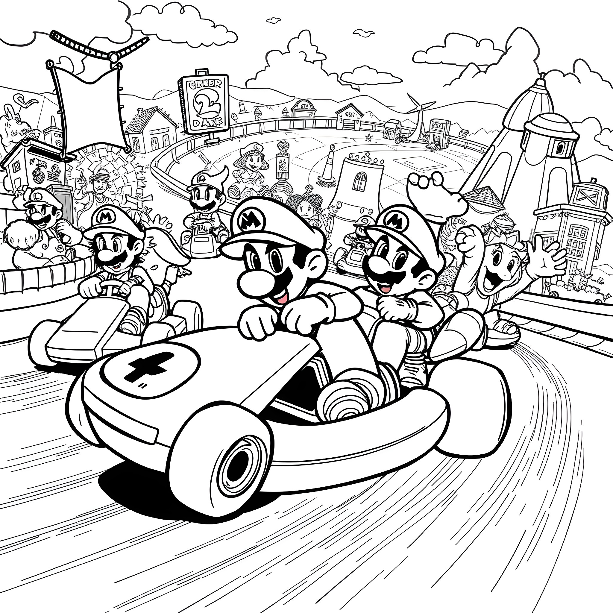Mario Kart racing with friends in a whimsical cartoon world Coloring Page (free black-and-white line drawing printable PDF for all, from beginners to advanced learners, including children, teens, adults, and seniors)