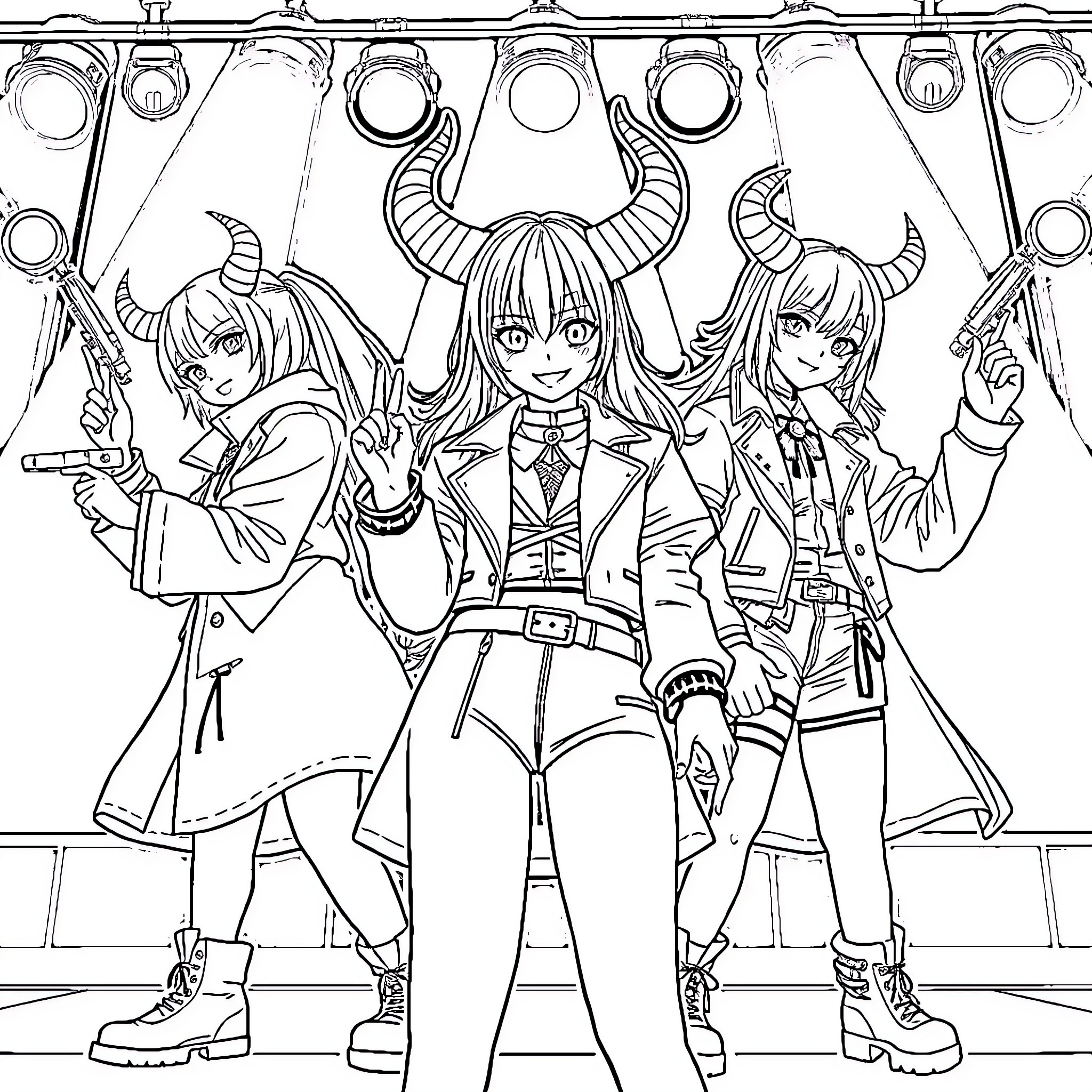 Demon Hunter Trio Ready for Action Coloring Page (free black-and-white line drawing printable PDF for all, from beginners to advanced learners, including children, teens, adults, and seniors)
