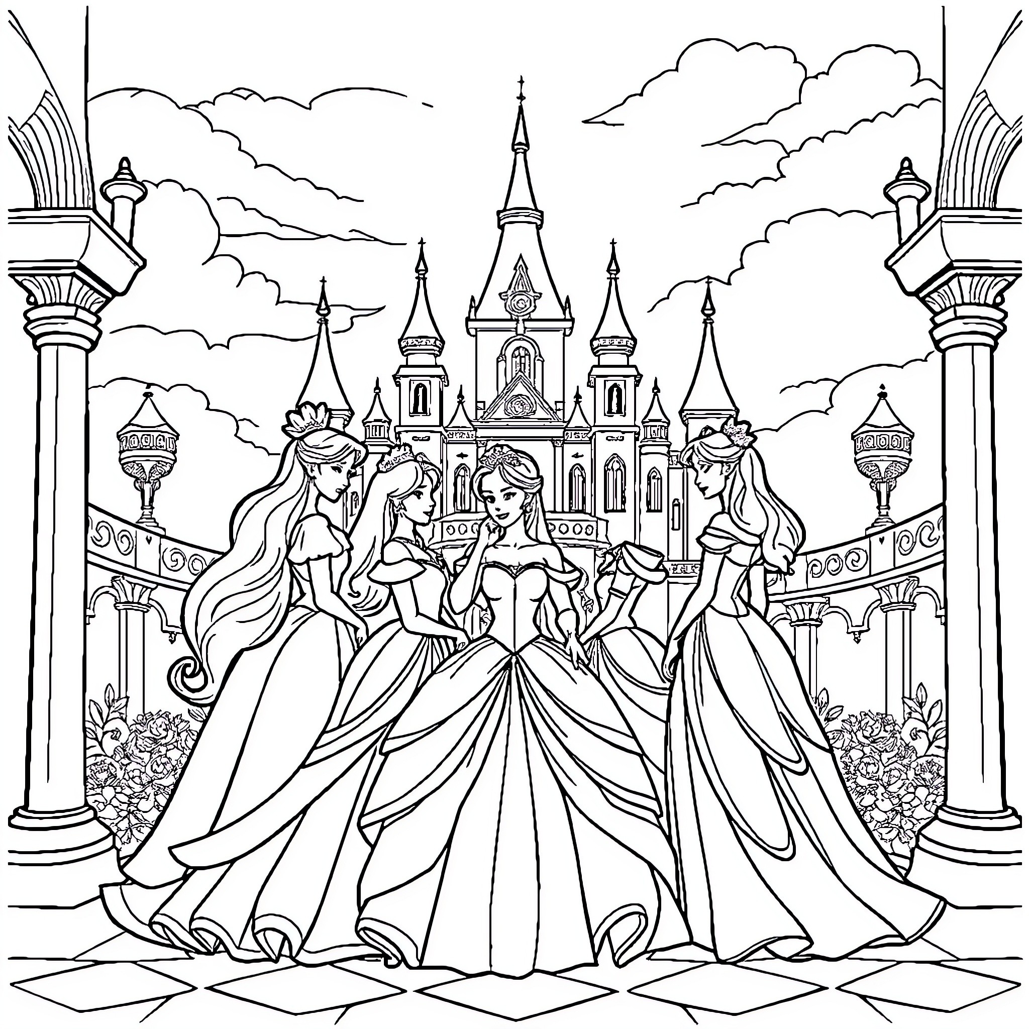 Princess and her friends in a grand palace setting Coloring Page (free black-and-white line drawing printable PDF for all, from beginners to advanced learners, including children, teens, adults, and seniors)