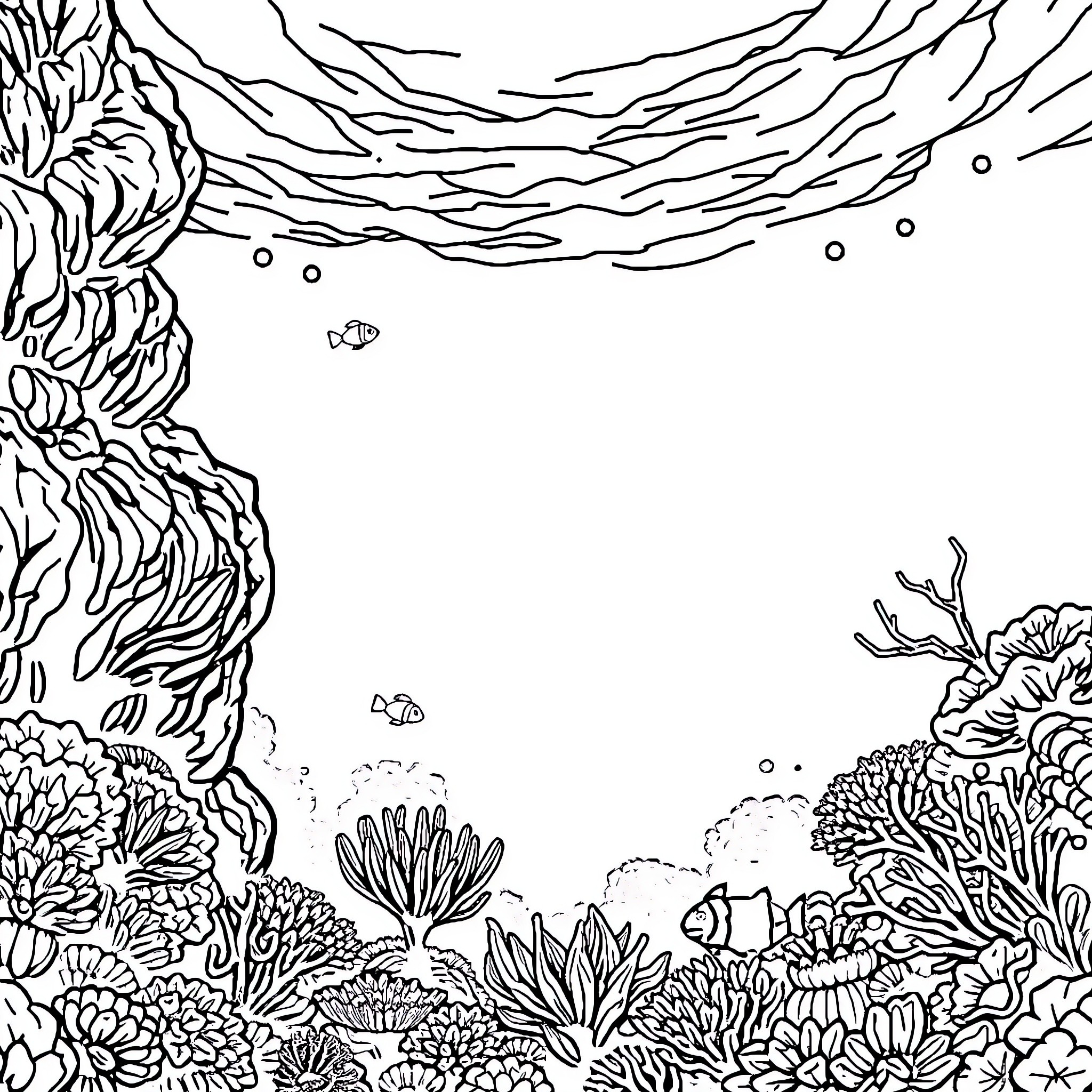 Coral Reef Underwater Scene with Marine Life Coloring Page (free black-and-white line drawing printable PDF for all, from beginners to advanced learners, including children, teens, adults, and seniors)