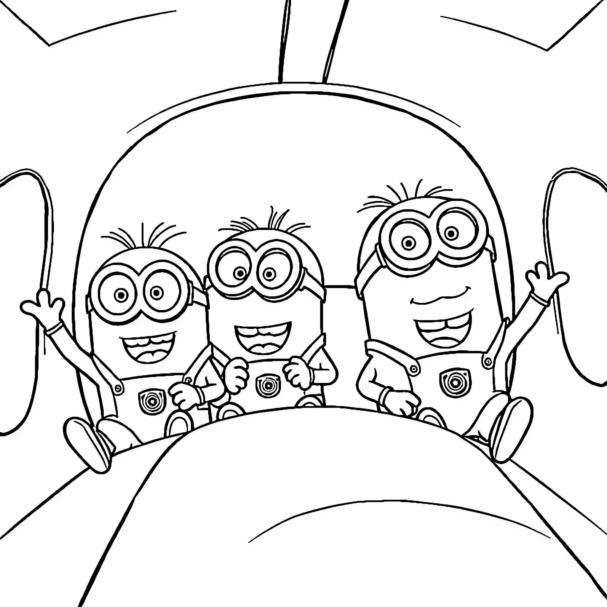 Minions taking a picture together happily Coloring Page (free black-and-white line drawing printable PDF for all, from beginners to advanced learners, including children, teens, adults, and seniors)