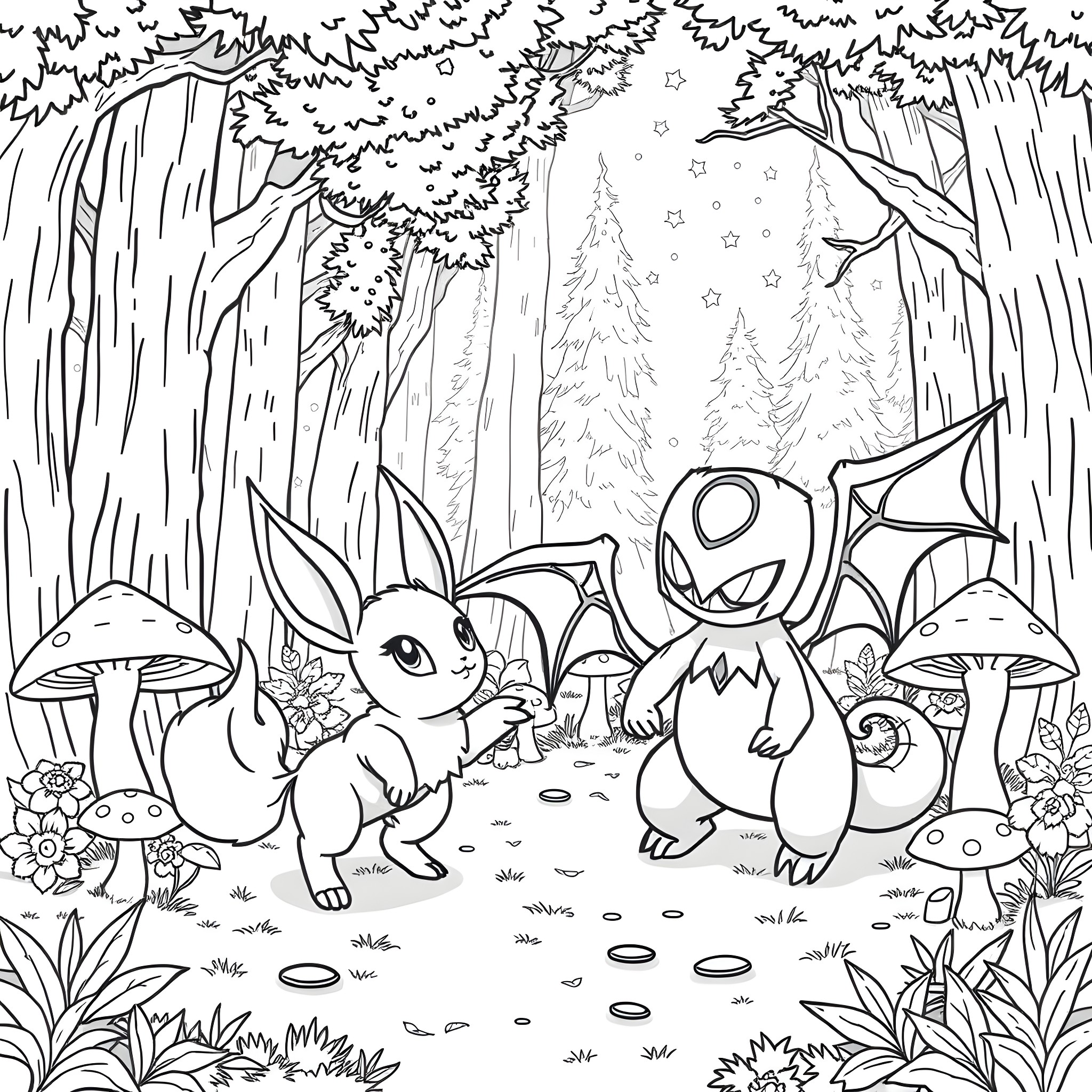 Eevee enjoying a forest adventure with Pokémon friends Coloring Page (free black-and-white line drawing printable PDF for all, from beginners to advanced learners, including children, teens, adults, and seniors)