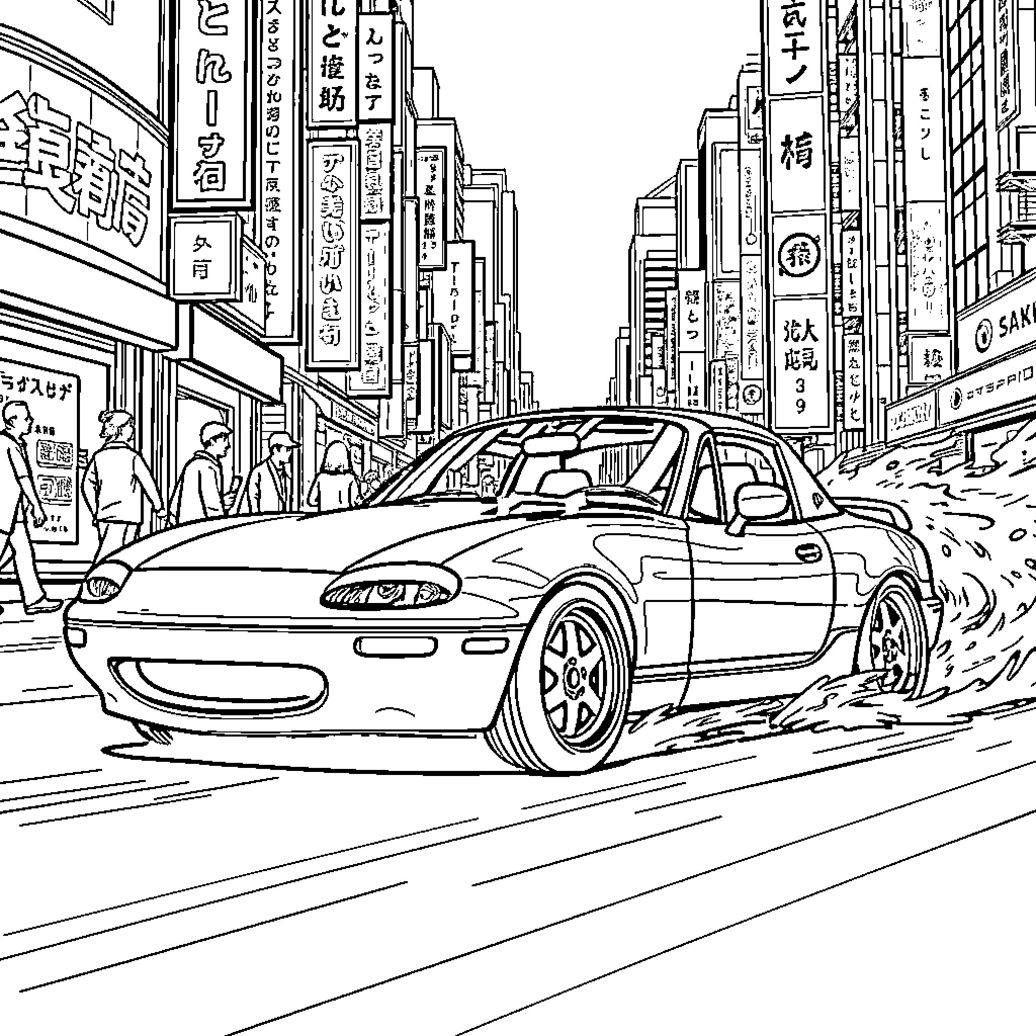 Miata in the busy city street Coloring Page (free black-and-white line drawing printable PDF for all, from beginners to advanced learners, including children, teens, adults, and seniors)