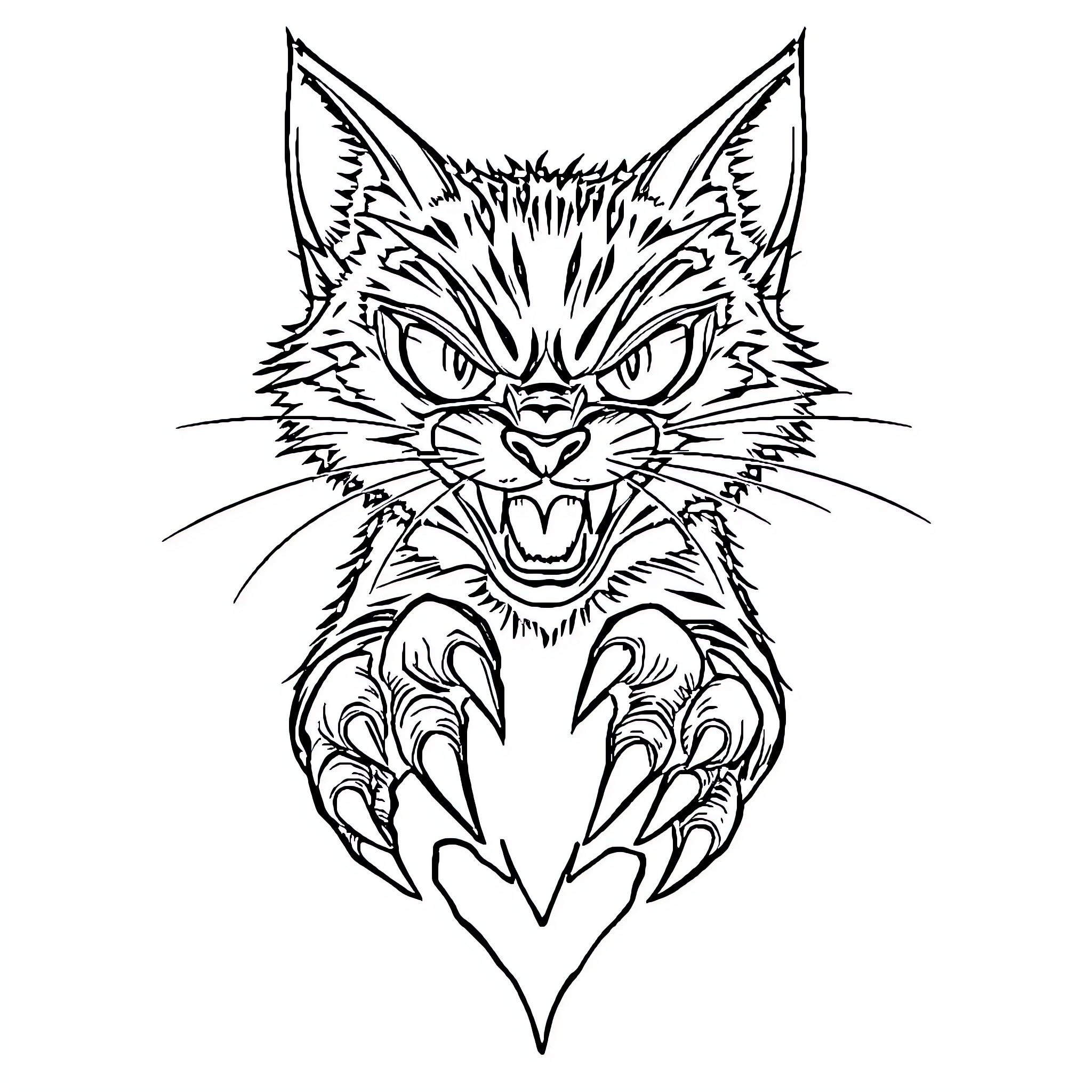 Psycho Kitty unleashing its ferocious claws Coloring Page (free black-and-white line drawing printable PDF for all, from beginners to advanced learners, including children, teens, adults, and seniors)