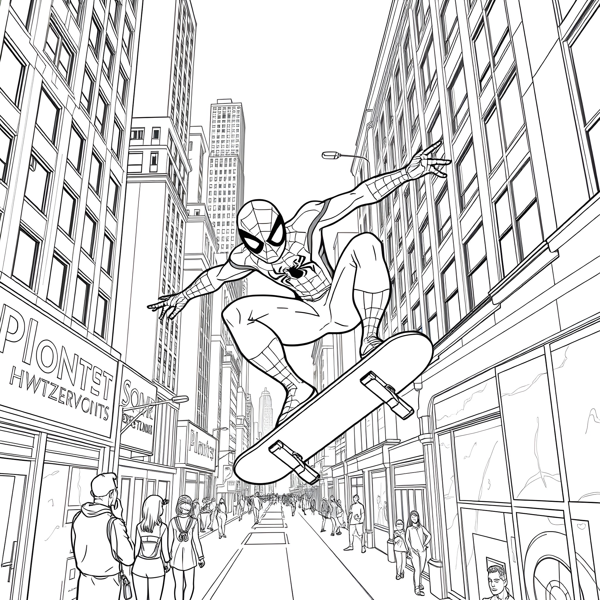 Spiderman swinging through the bustling city streets Coloring Page (free black-and-white line drawing printable PDF for all, from beginners to advanced learners, including children, teens, adults, and seniors)