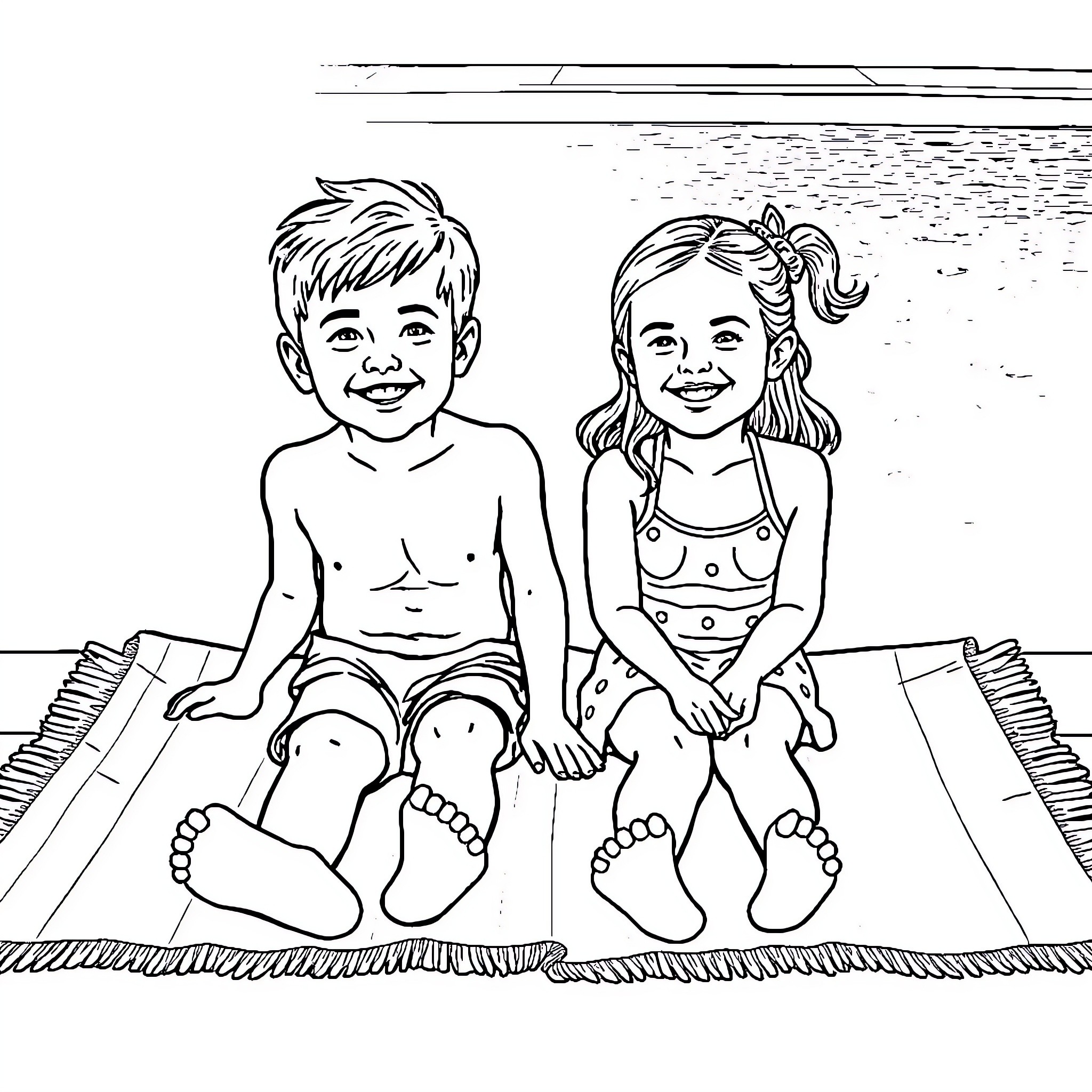 Child siblings playing happily outdoors Coloring Page (free black-and-white line drawing printable PDF for all, from beginners to advanced learners, including children, teens, adults, and seniors)