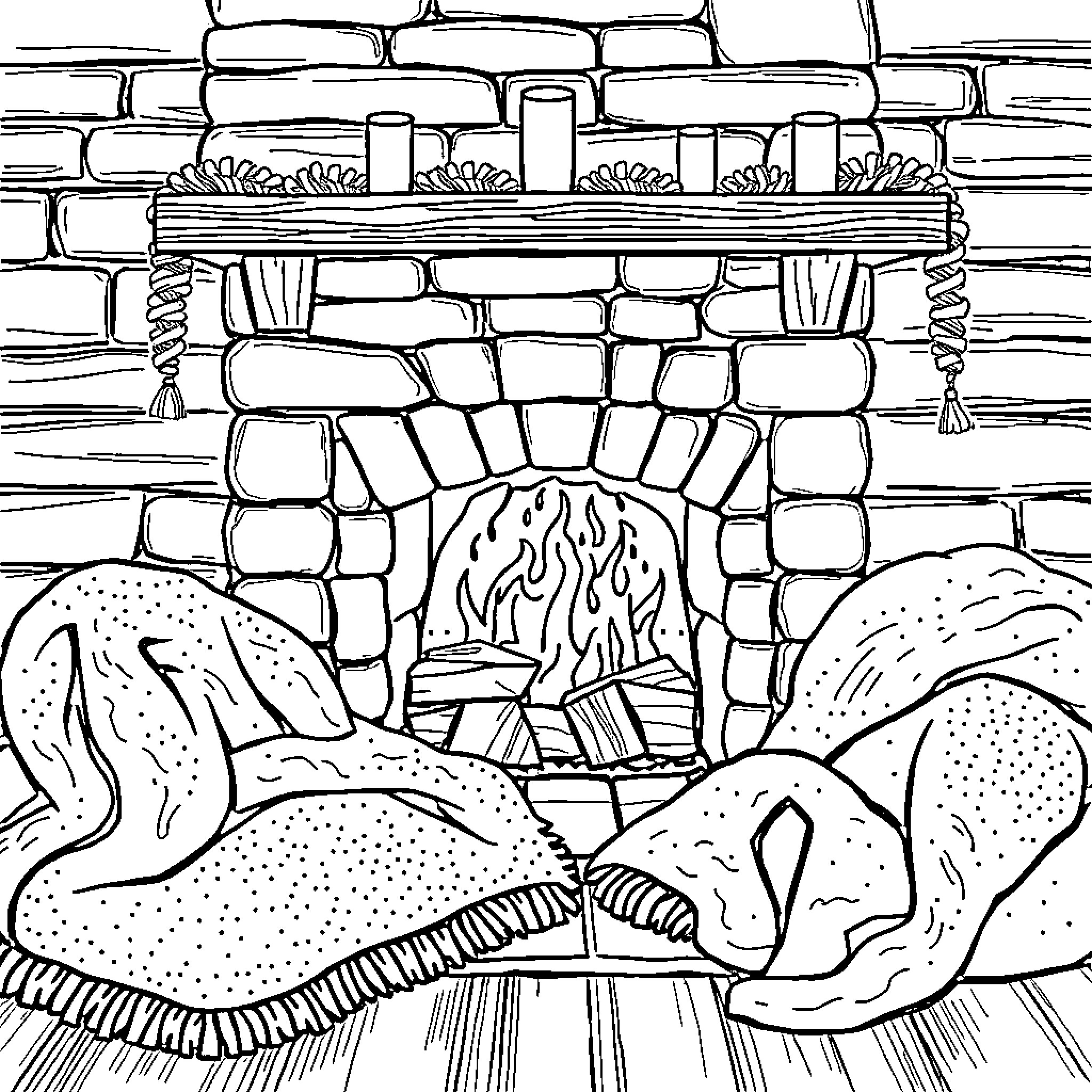 Scene of a cozy fireplace and winter landscape Coloring Page (free black-and-white line drawing printable PDF for all, from beginners to advanced learners, including children, teens, adults, and seniors)