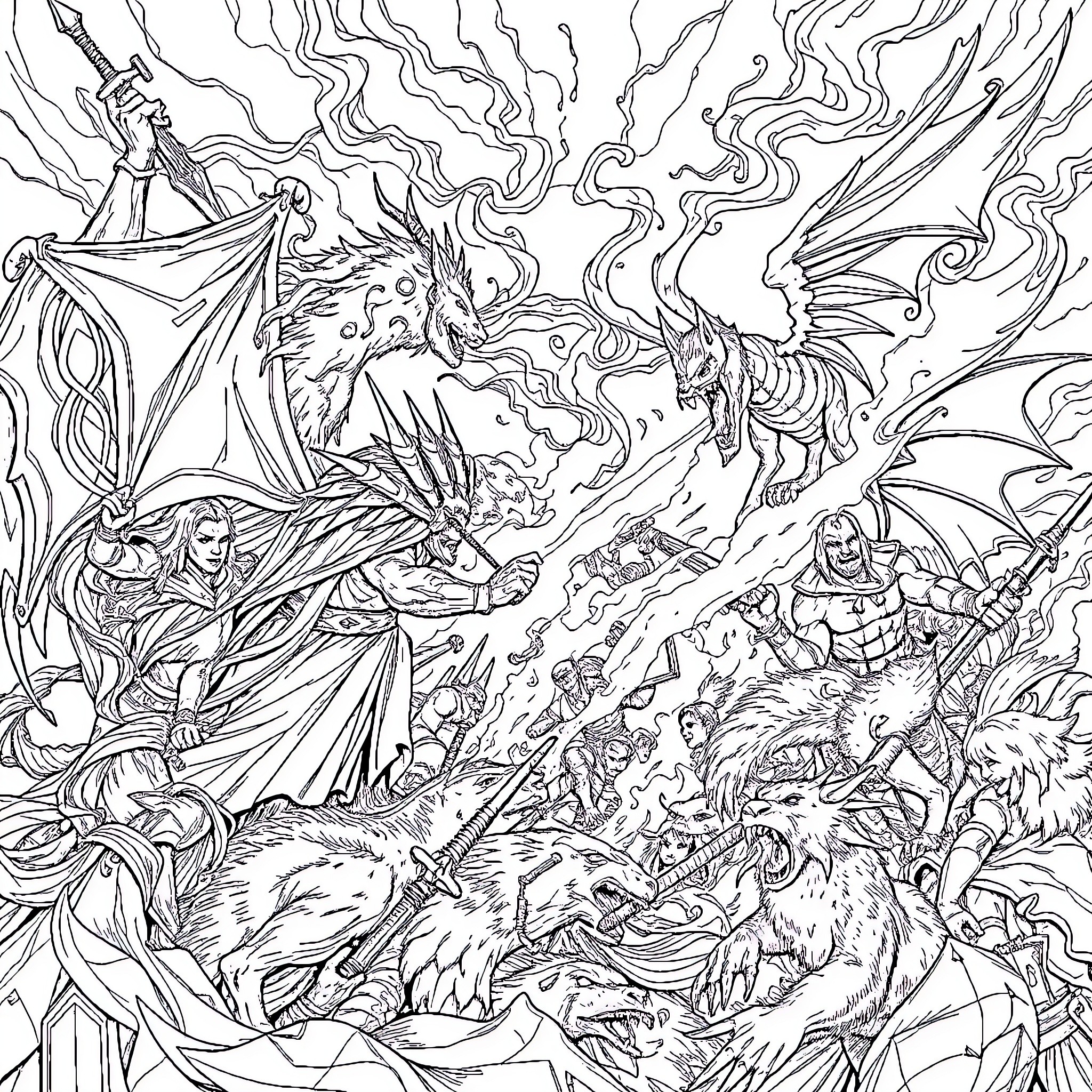 ACOTAR: Epic Fantastical Battle Scene Coloring Page (free black-and-white line drawing printable PDF for all, from beginners to advanced learners, including children, teens, adults, and seniors)