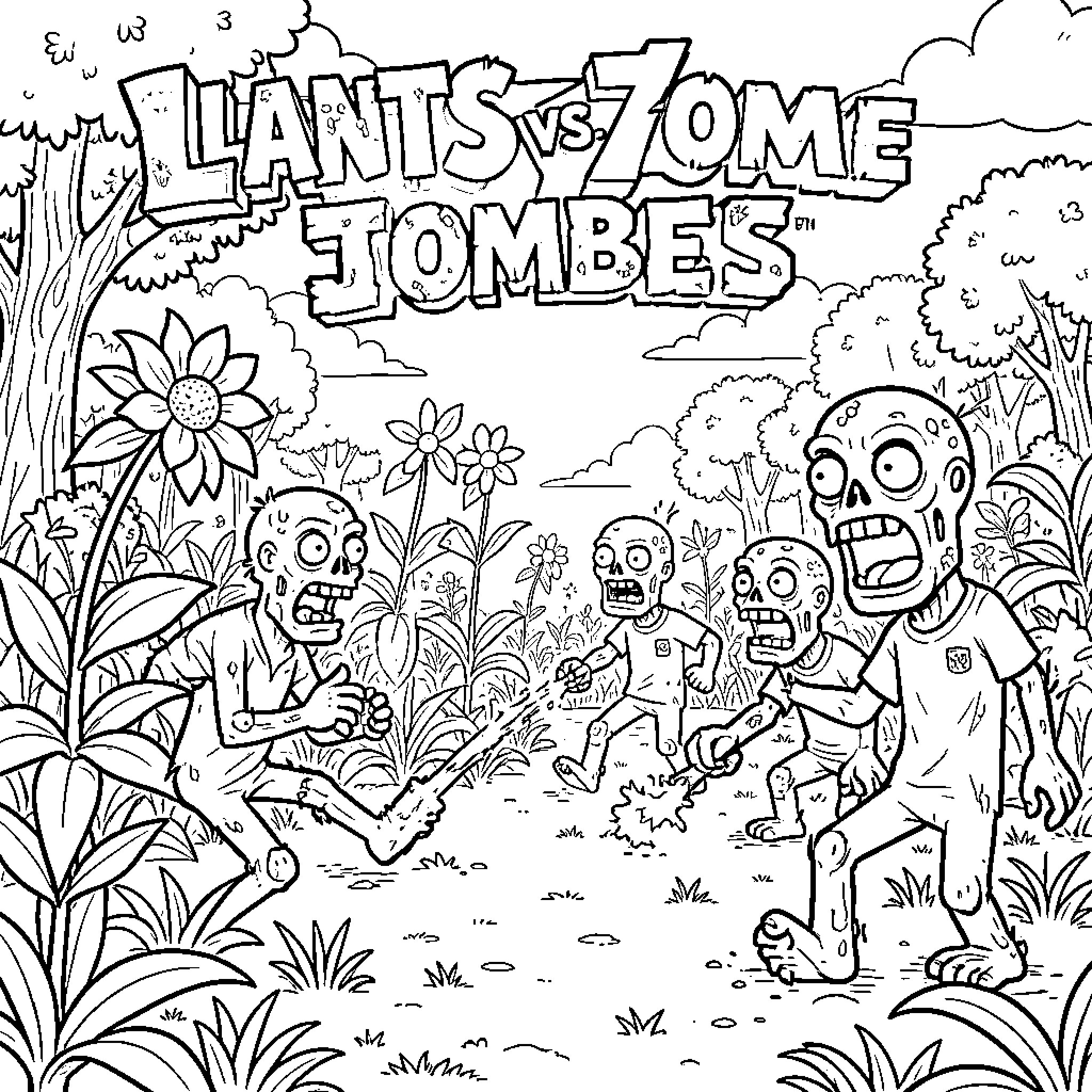 Plants vs Zombie Jombes in the Jungle Coloring Page (free black-and-white line drawing printable PDF for all, from beginners to advanced learners, including children, teens, adults, and seniors)