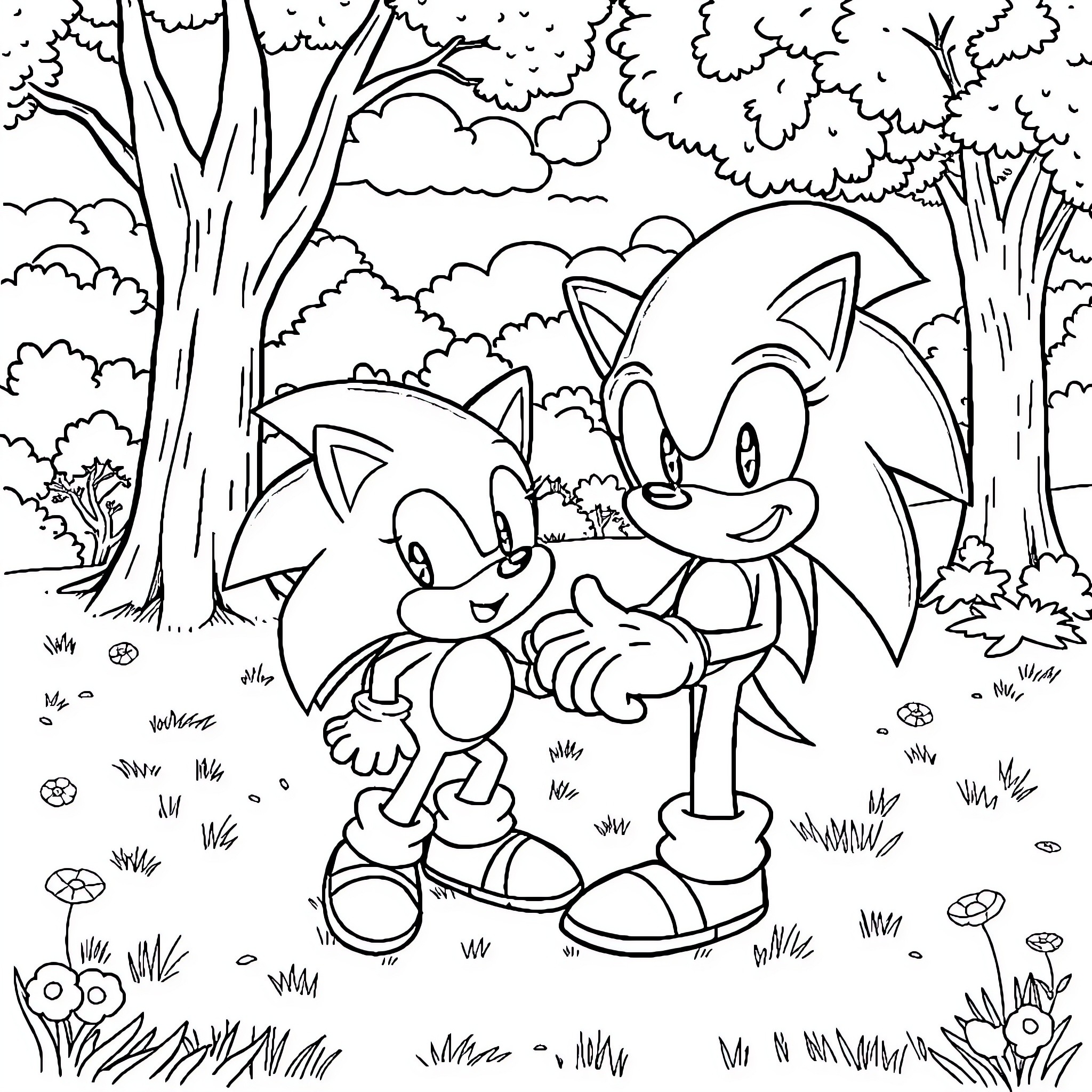 Bluey's forest adventure with friends Coloring Page (free black-and-white line drawing printable PDF for all, from beginners to advanced learners, including children, teens, adults, and seniors)