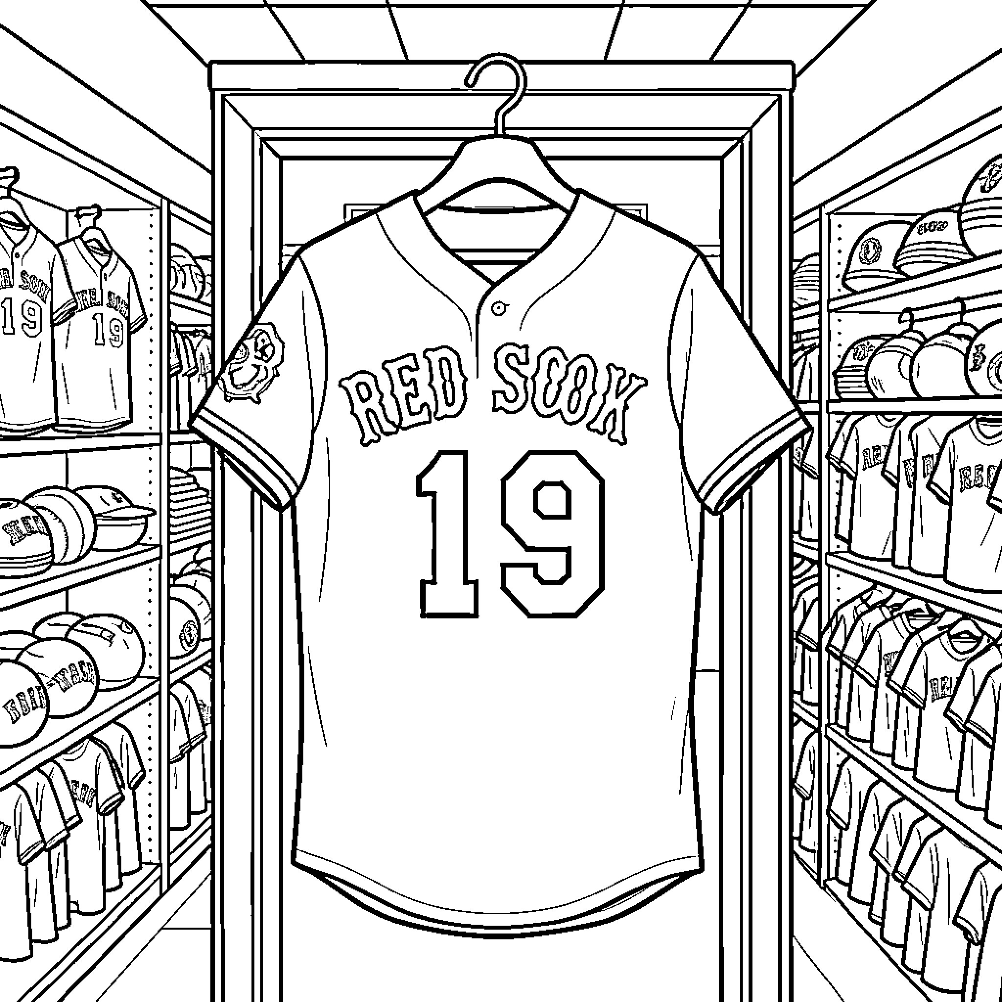 Red Sox Baseball Player Uniform on Display Coloring Page (free black-and-white line drawing printable PDF for all, from beginners to advanced learners, including children, teens, adults, and seniors)