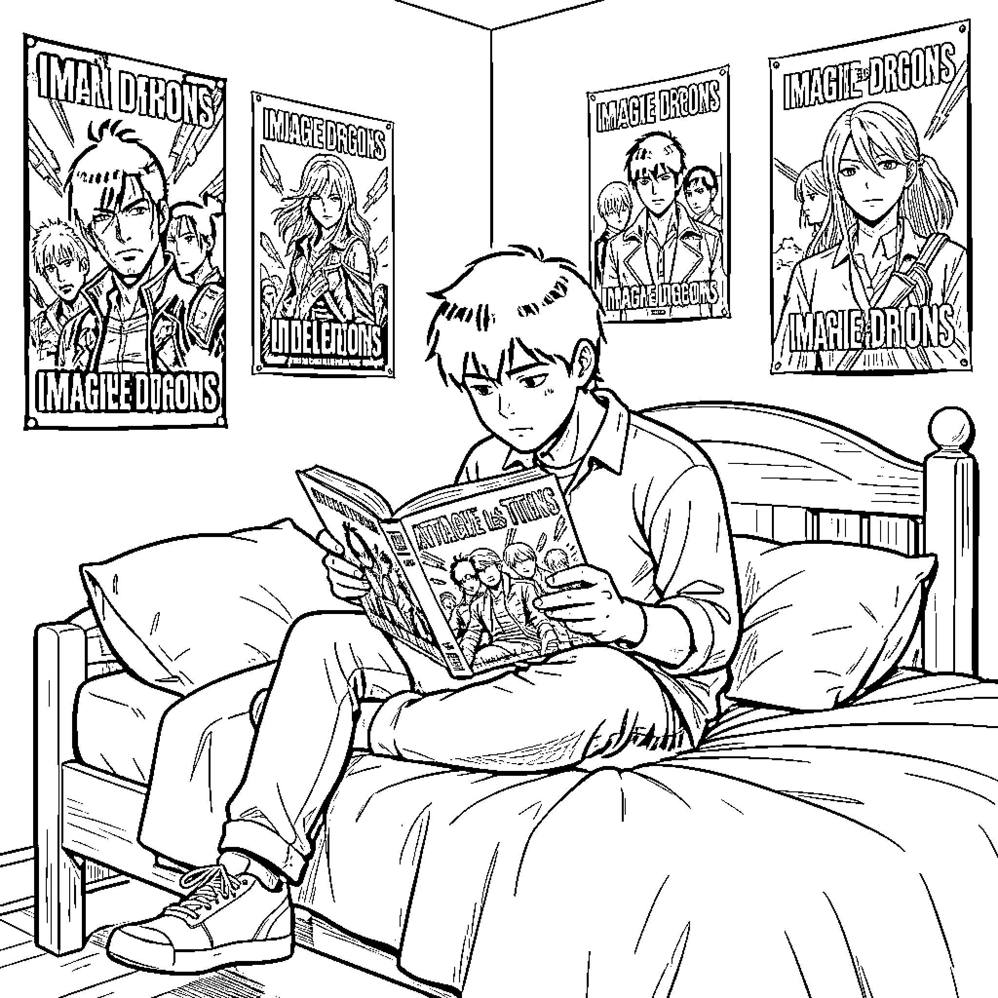 Adolescent boy sitting on bed reading a magazine Coloring Page (free black-and-white line drawing printable PDF for all, from beginners to advanced learners, including children, teens, adults, and seniors)