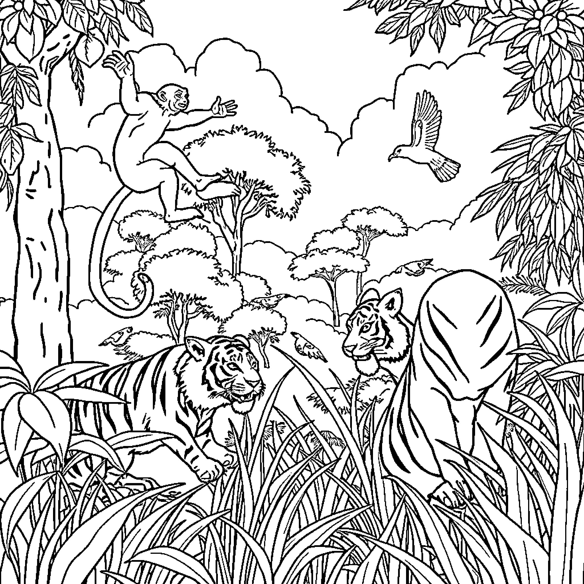 Jungle Animal Scene with Monkeys and Tigers Coloring Page (free black-and-white line drawing printable PDF for all, from beginners to advanced learners, including children, teens, adults, and seniors)