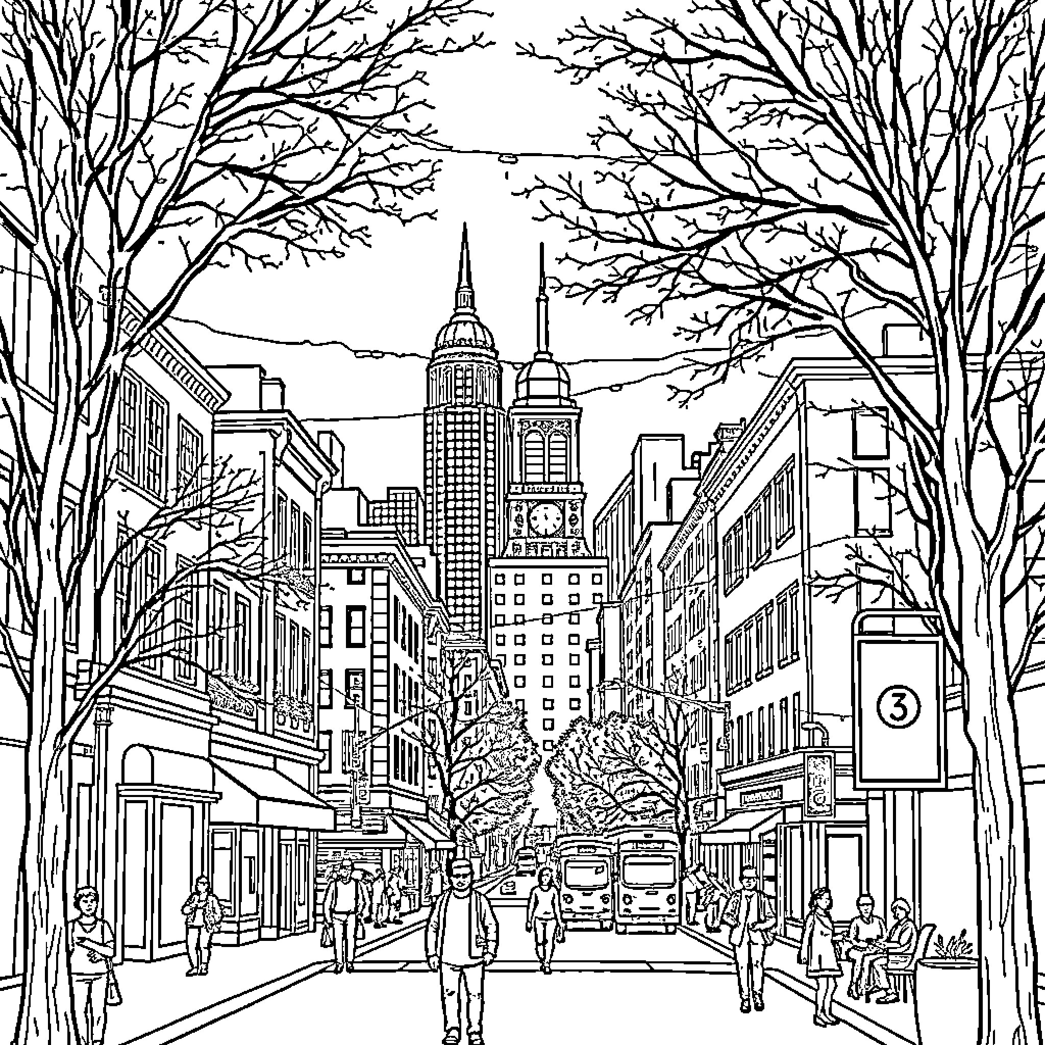 South Park Cityscape with Bustling Street Coloring Page (free black-and-white line drawing printable PDF for all, from beginners to advanced learners, including children, teens, adults, and seniors)