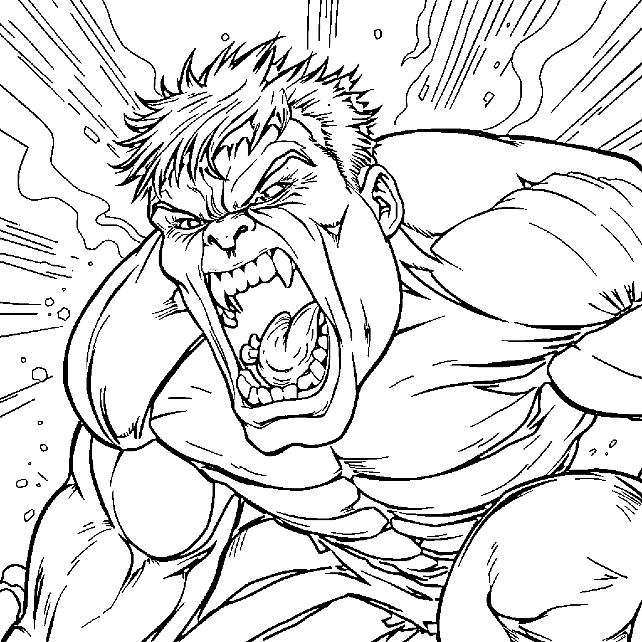Hulk roaring in intense anger and aggression Coloring Page (free black-and-white line drawing printable PDF for all, from beginners to advanced learners, including children, teens, adults, and seniors)
