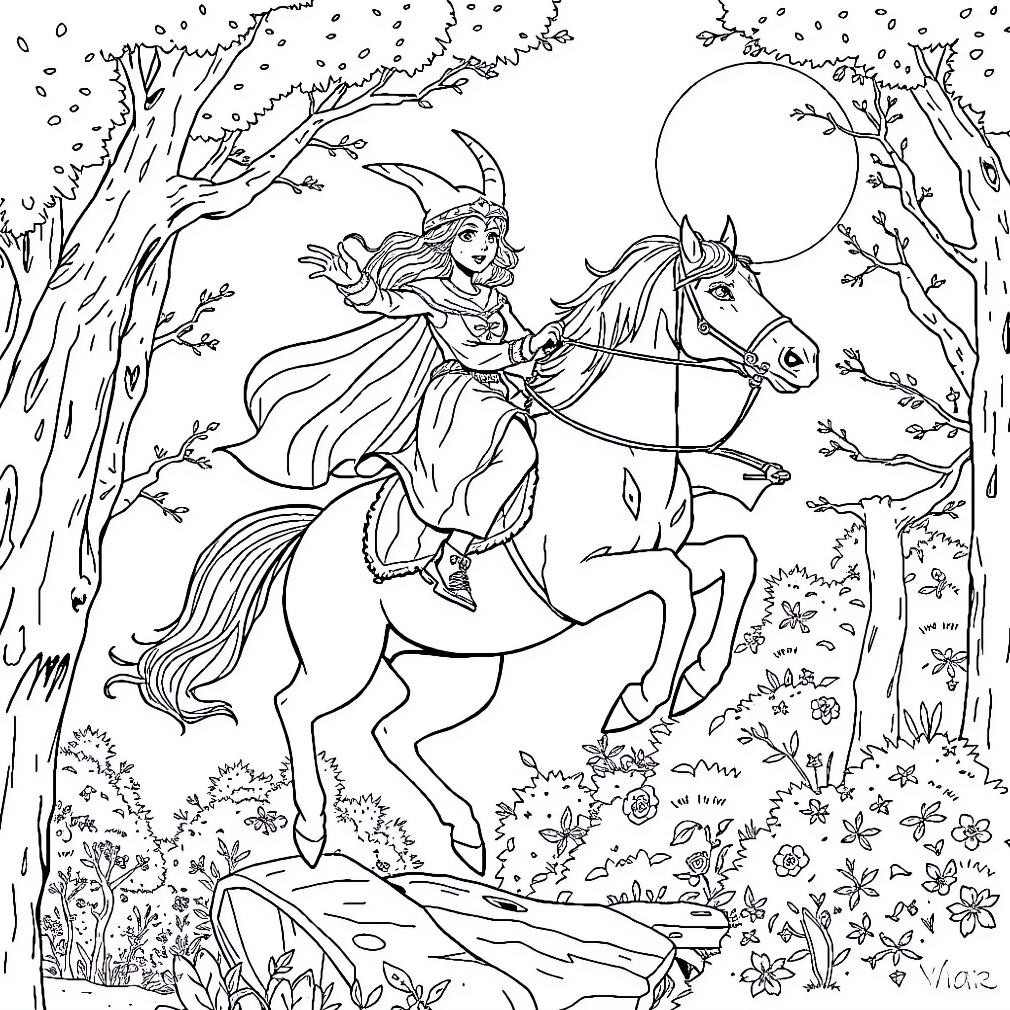 Vaïna's Moonlit Ride Through the Enchanted Forest Coloring Page (free black-and-white line drawing printable PDF for all, from beginners to advanced learners, including children, teens, adults, and seniors)