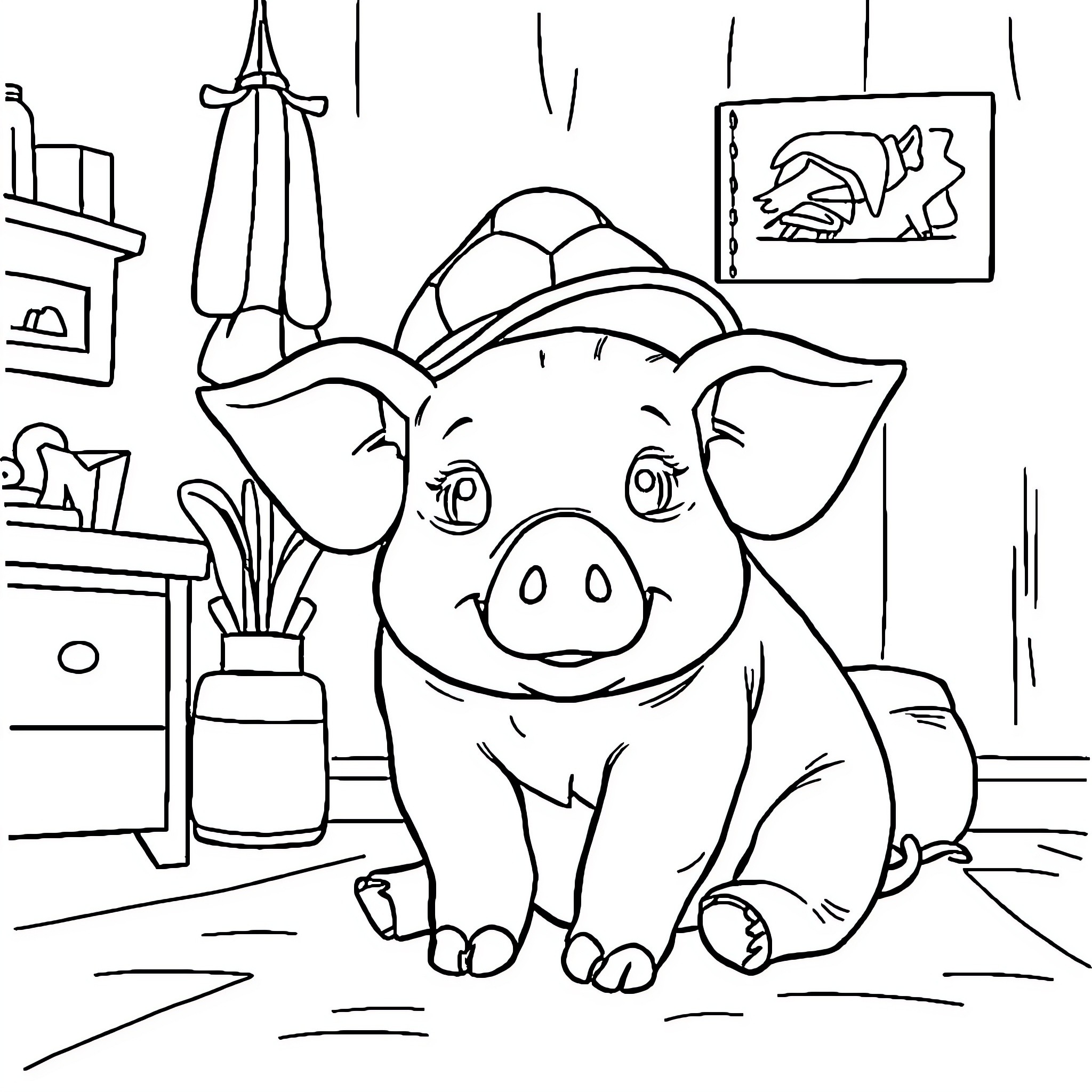Pig enjoying a cozy home environment Coloring Page (free black-and-white line drawing printable PDF for all, from beginners to advanced learners, including children, teens, adults, and seniors)