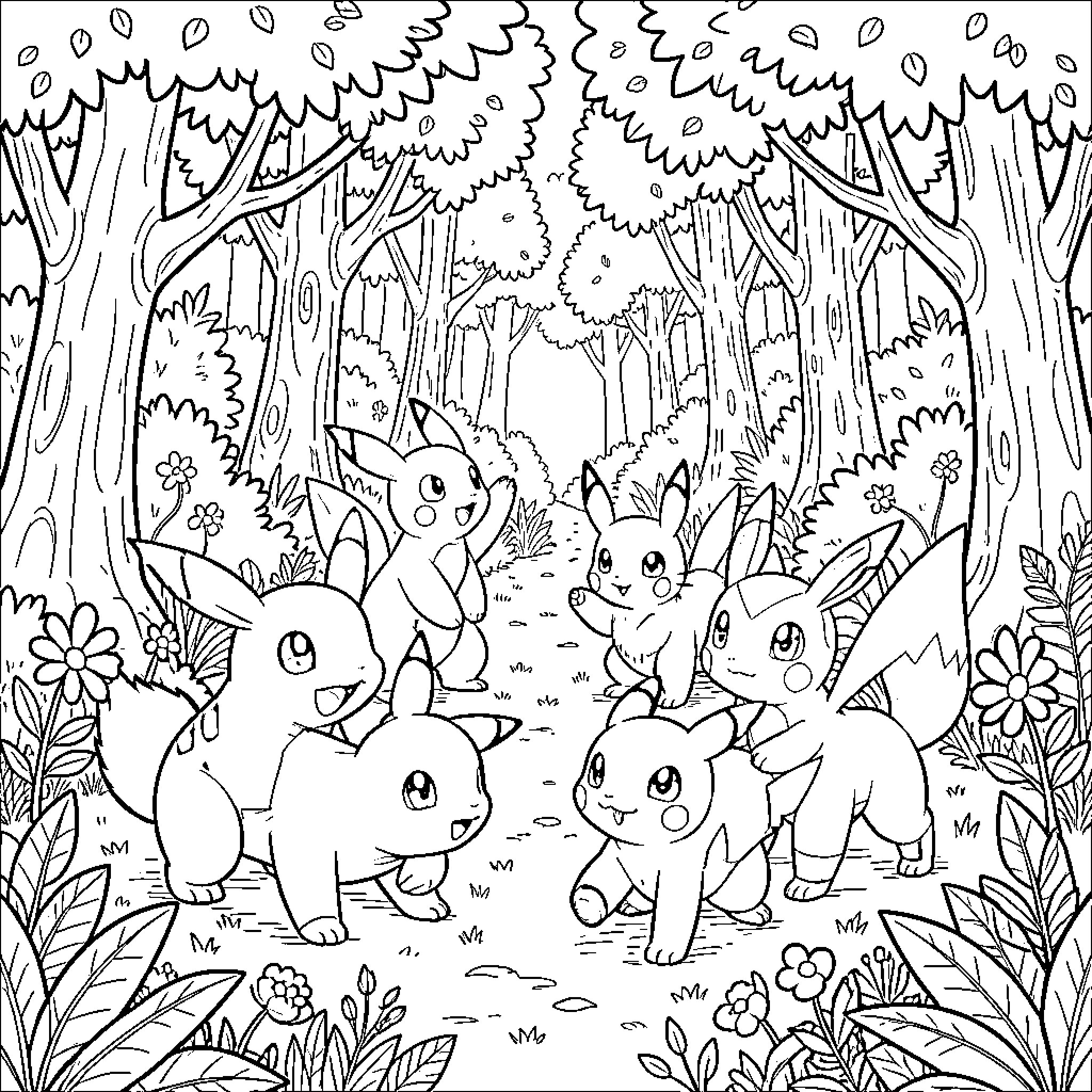 Pokémon playing in the lush forest Coloring Page (free black-and-white line drawing printable PDF for all, from beginners to advanced learners, including children, teens, adults, and seniors)
