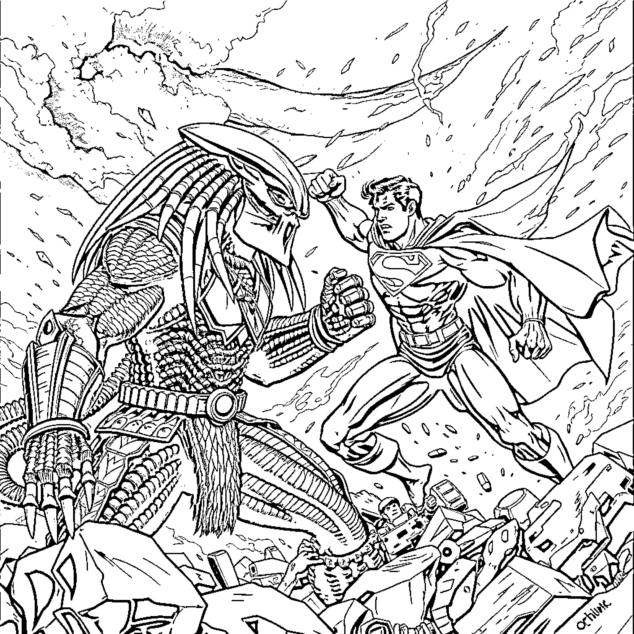 Predator vs. Superhero Battle Coloring Page (free black-and-white line drawing printable PDF for all, from beginners to advanced learners, including children, teens, adults, and seniors)