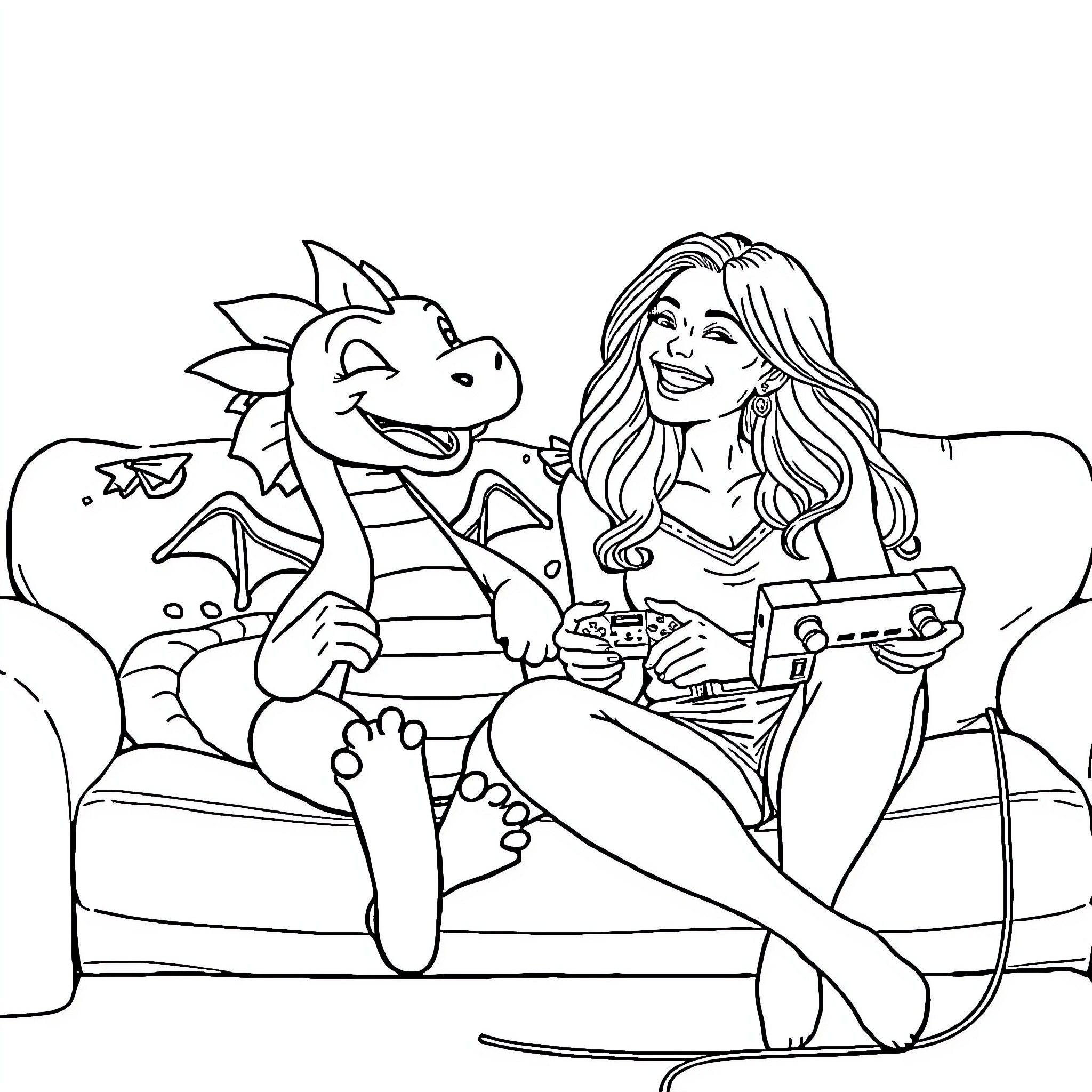 Dragon and Woman Gaming Together on the Couch Coloring Page (free black-and-white line drawing printable PDF for all, from beginners to advanced learners, including children, teens, adults, and seniors)