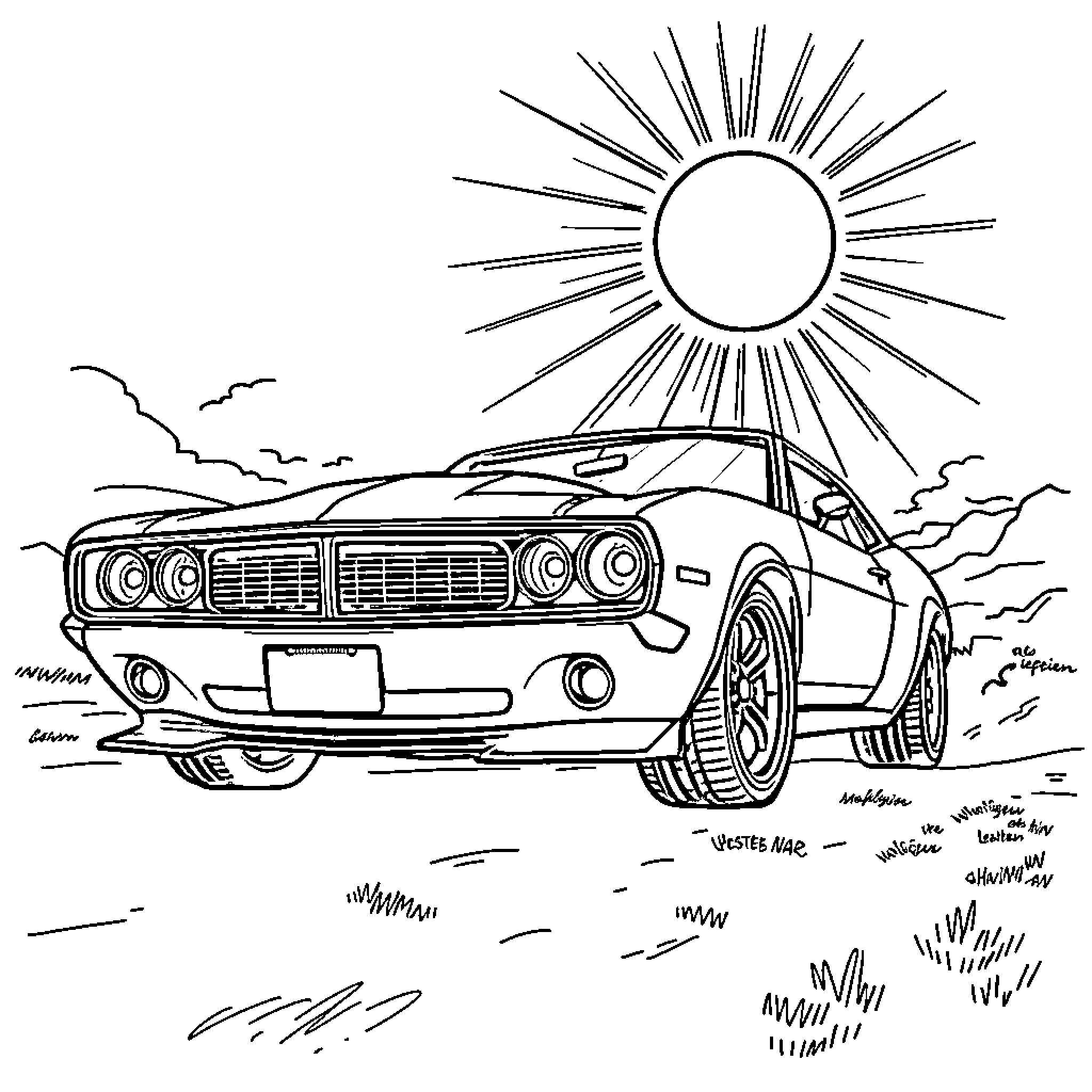 Car driving on sunny open road Coloring Page (free black-and-white line drawing printable PDF for all, from beginners to advanced learners, including children, teens, adults, and seniors)