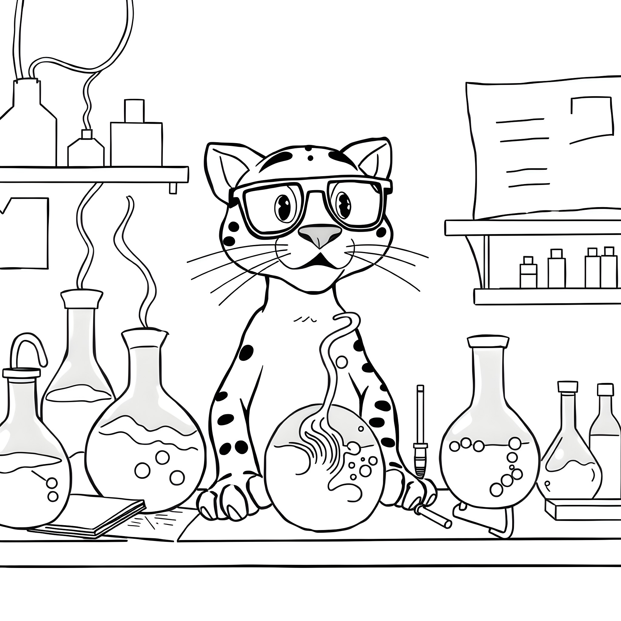 Panther wearing glasses in a scientific laboratory Coloring Page (free black-and-white line drawing printable PDF for all, from beginners to advanced learners, including children, teens, adults, and seniors)