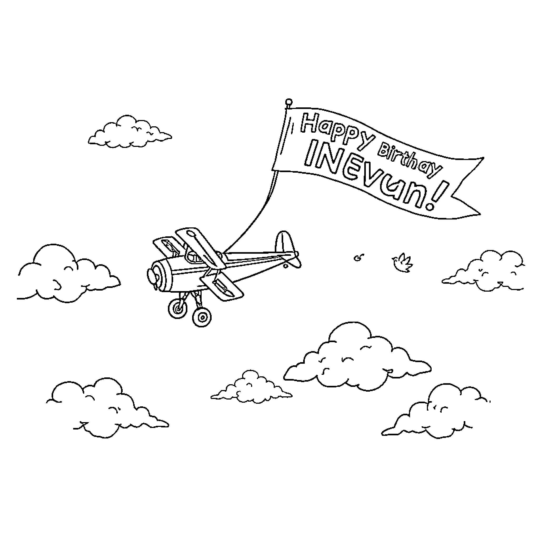 Biplane carrying 'Happy Birthday, Iain!' banner Coloring Page (free black-and-white line drawing printable PDF for all, from beginners to advanced learners, including children, teens, adults, and seniors)