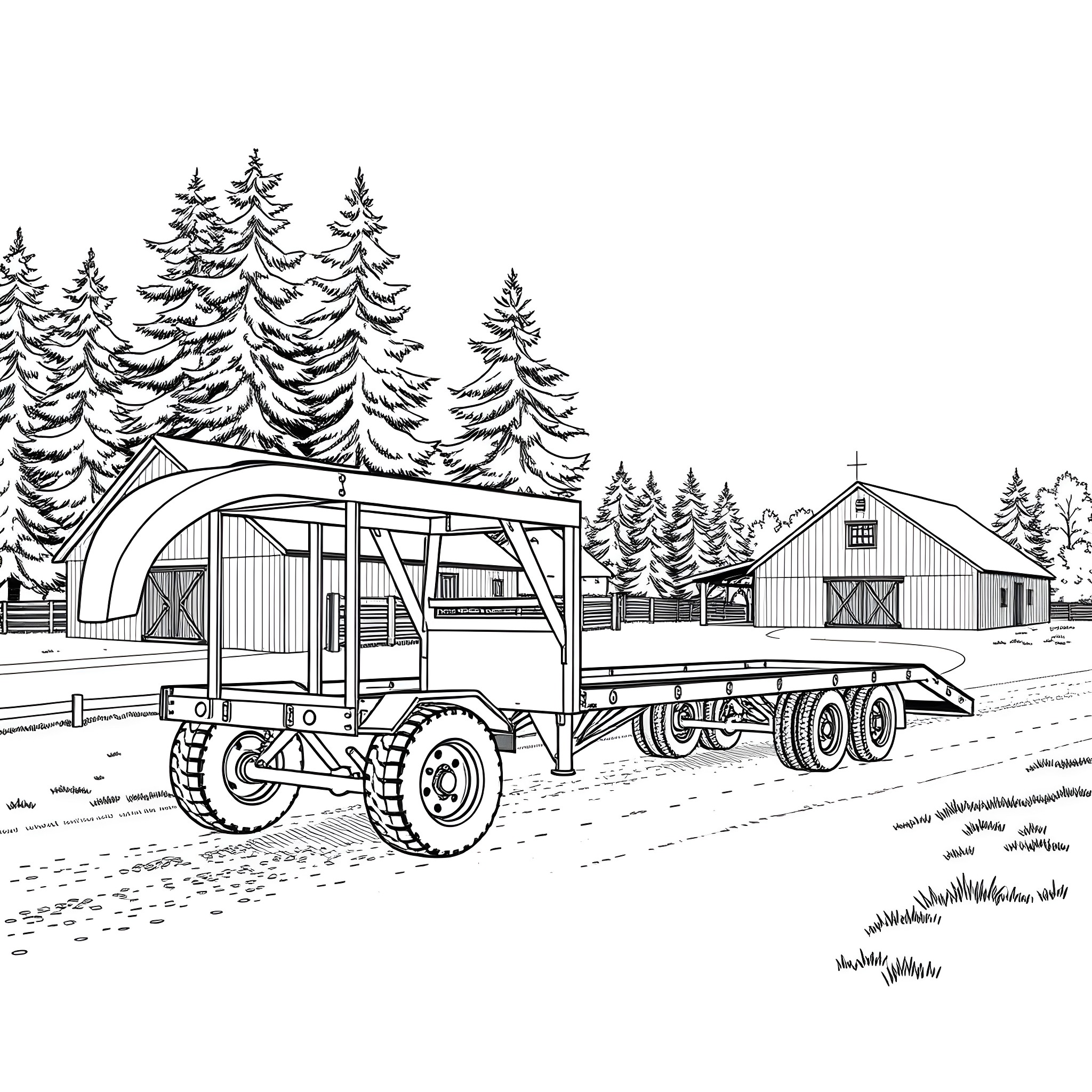 Gooseneck Trailer Transporting Agricultural Equipment on Rural Farm Coloring Page (free black-and-white line drawing printable PDF for all, from beginners to advanced learners, including children, teens, adults, and seniors)