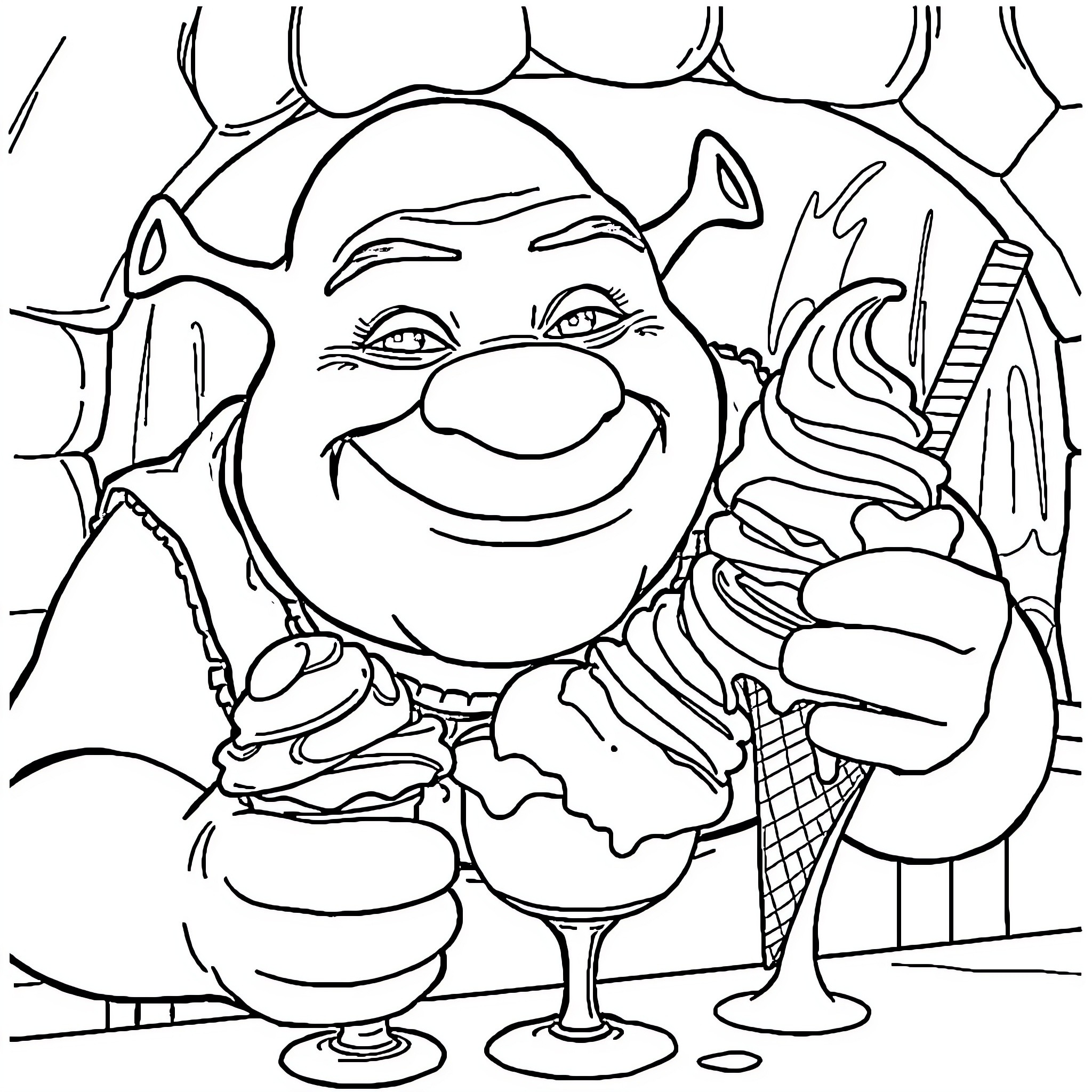 Shrek enjoying ice cream and snacks in a whimsical scene Coloring Page (free black-and-white line drawing printable PDF for all, from beginners to advanced learners, including children, teens, adults, and seniors)