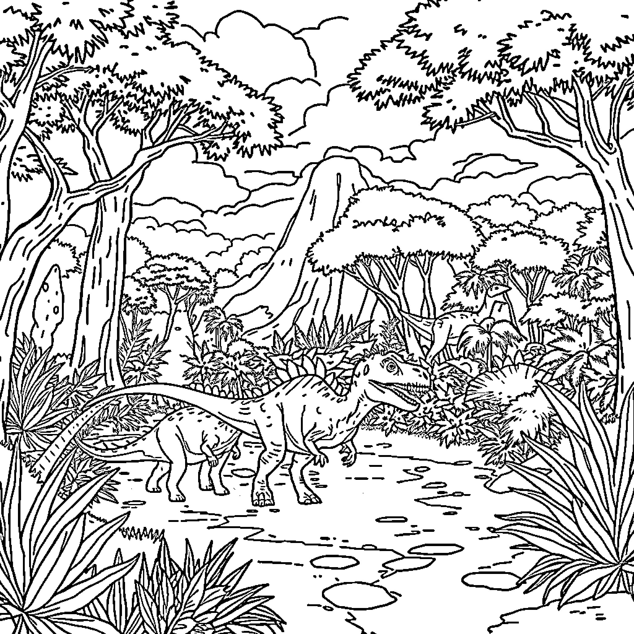 Dinosaurs exploring lush prehistoric forest landscape Coloring Page (free black-and-white line drawing printable PDF for all, from beginners to advanced learners, including children, teens, adults, and seniors)
