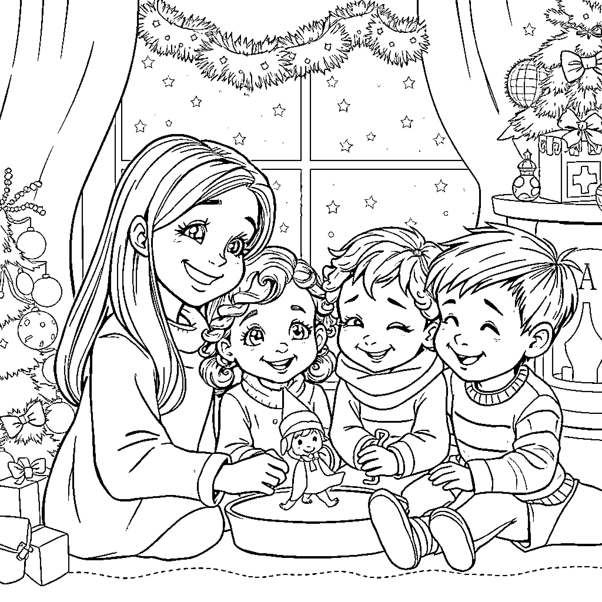 Child enjoying the holidays with family at home Coloring Page (free black-and-white line drawing printable PDF for all, from beginners to advanced learners, including children, teens, adults, and seniors)