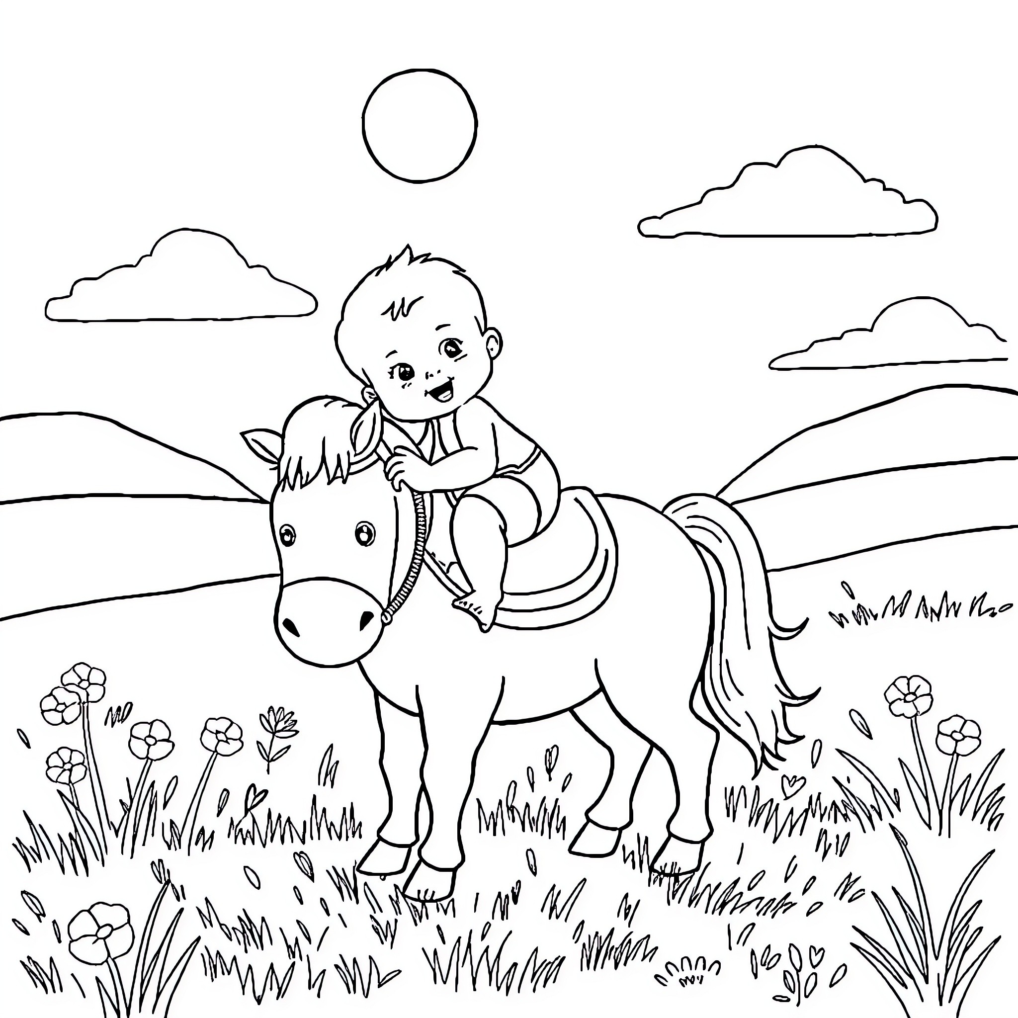 Baby riding happily on a pony in the meadow Coloring Page (free black-and-white line drawing printable PDF for all, from beginners to advanced learners, including children, teens, adults, and seniors)