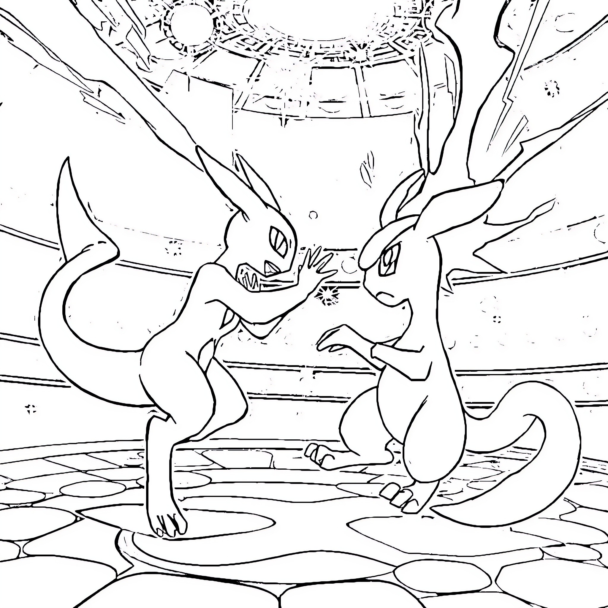 Mewtwo battling against Lucario in intense competition Coloring Page (free black-and-white line drawing printable PDF for all, from beginners to advanced learners, including children, teens, adults, and seniors)