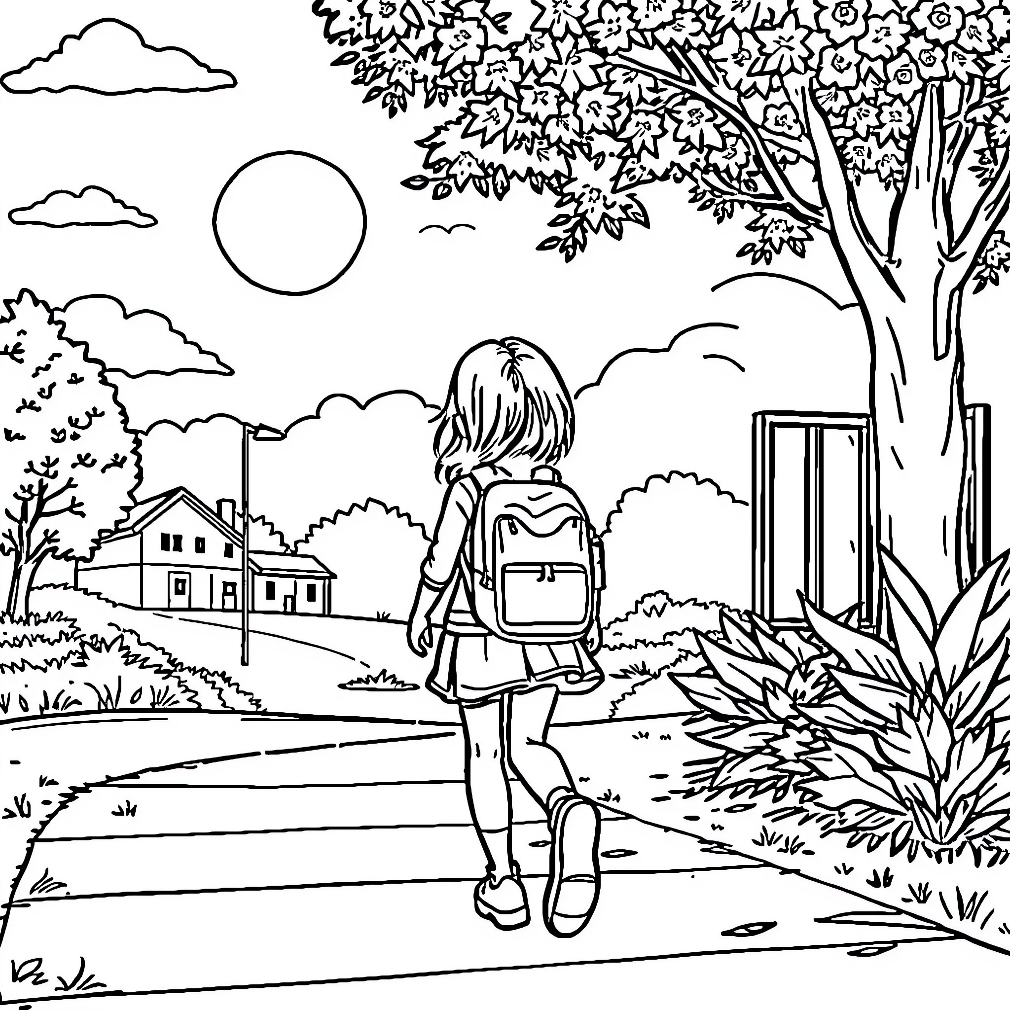 Girl walking on a path in nature Coloring Page (free black-and-white line drawing printable PDF for all, from beginners to advanced learners, including children, teens, adults, and seniors)