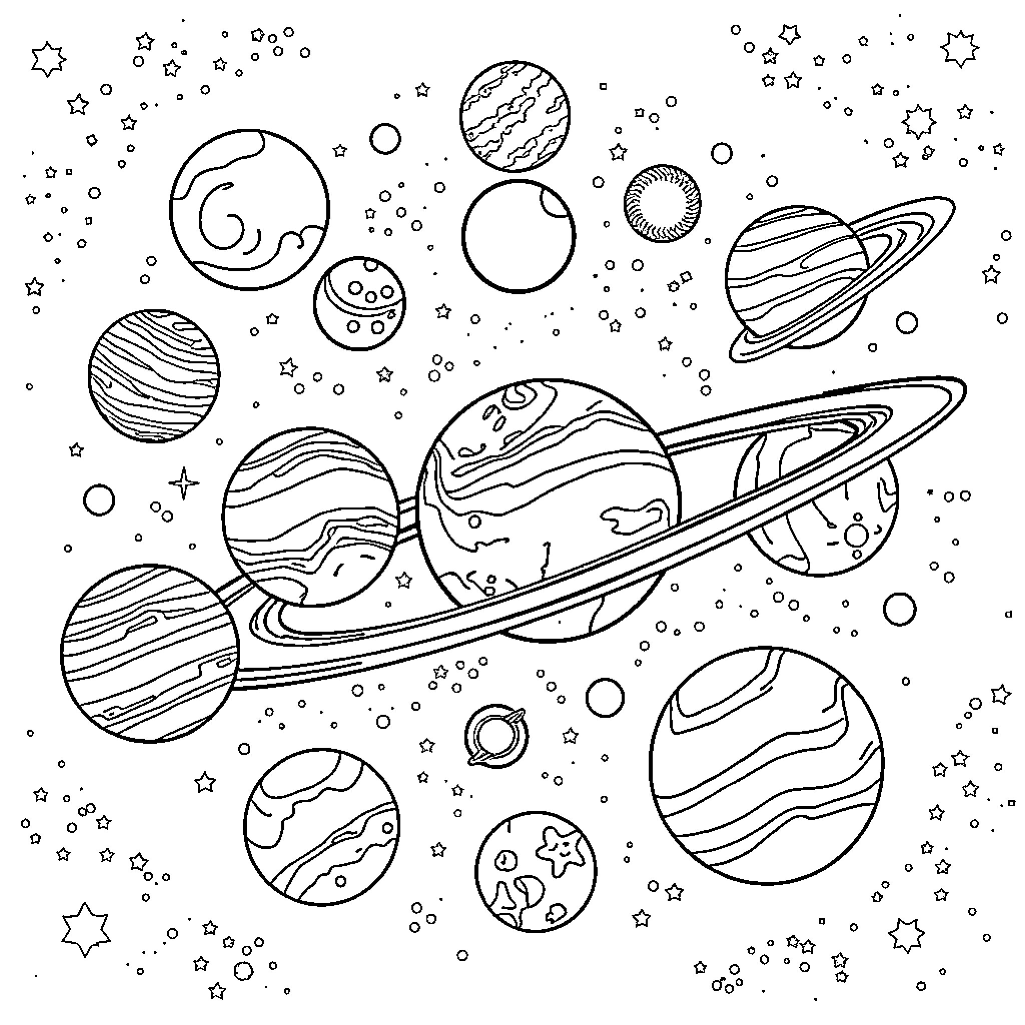 Planet Exploration in the Cosmic Universe Coloring Page (free black-and-white line drawing printable PDF for all, from beginners to advanced learners, including children, teens, adults, and seniors)