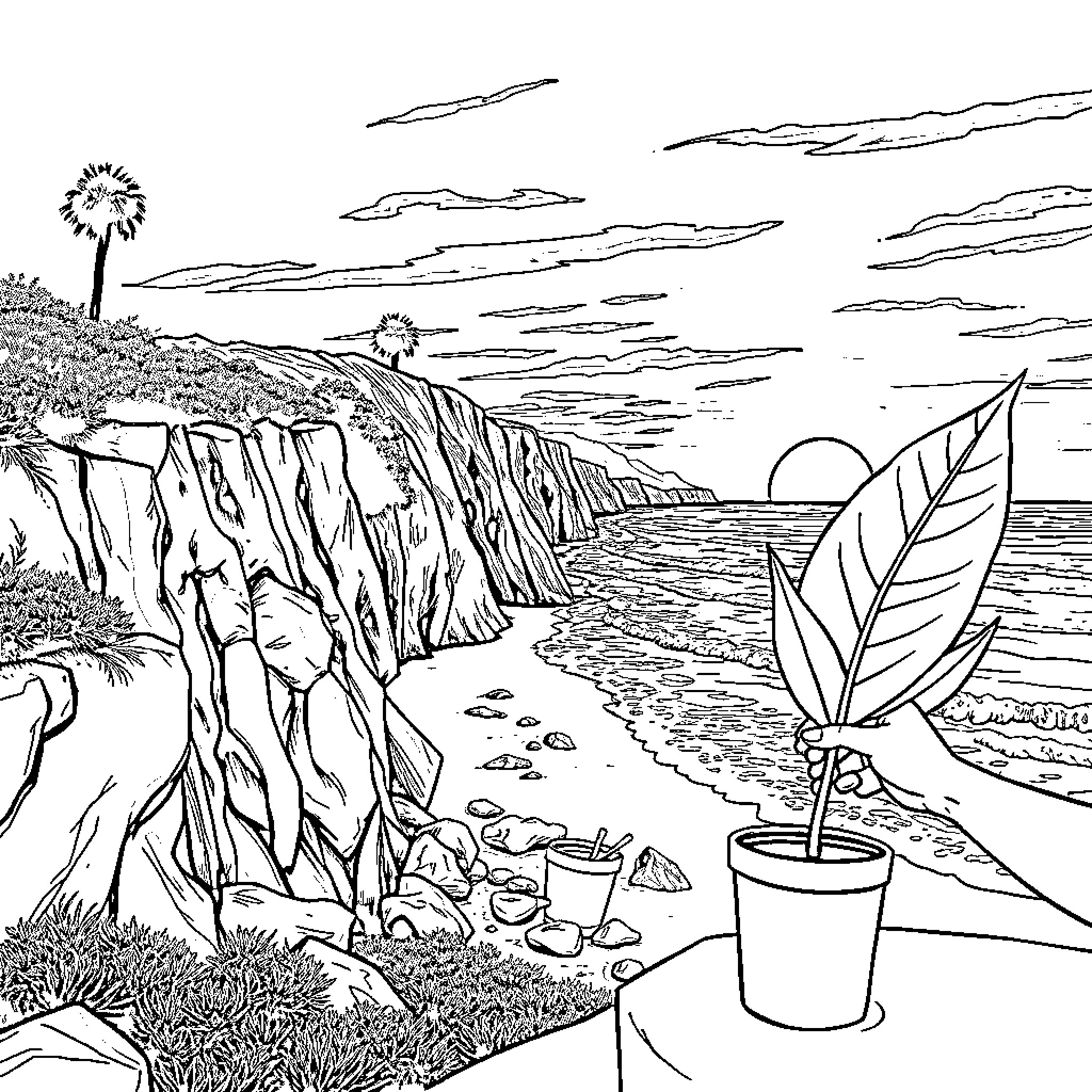 Graffiti Artwork Depicting Surreal Coastal Landscape Coloring Page (free black-and-white line drawing printable PDF for all, from beginners to advanced learners, including children, teens, adults, and seniors)