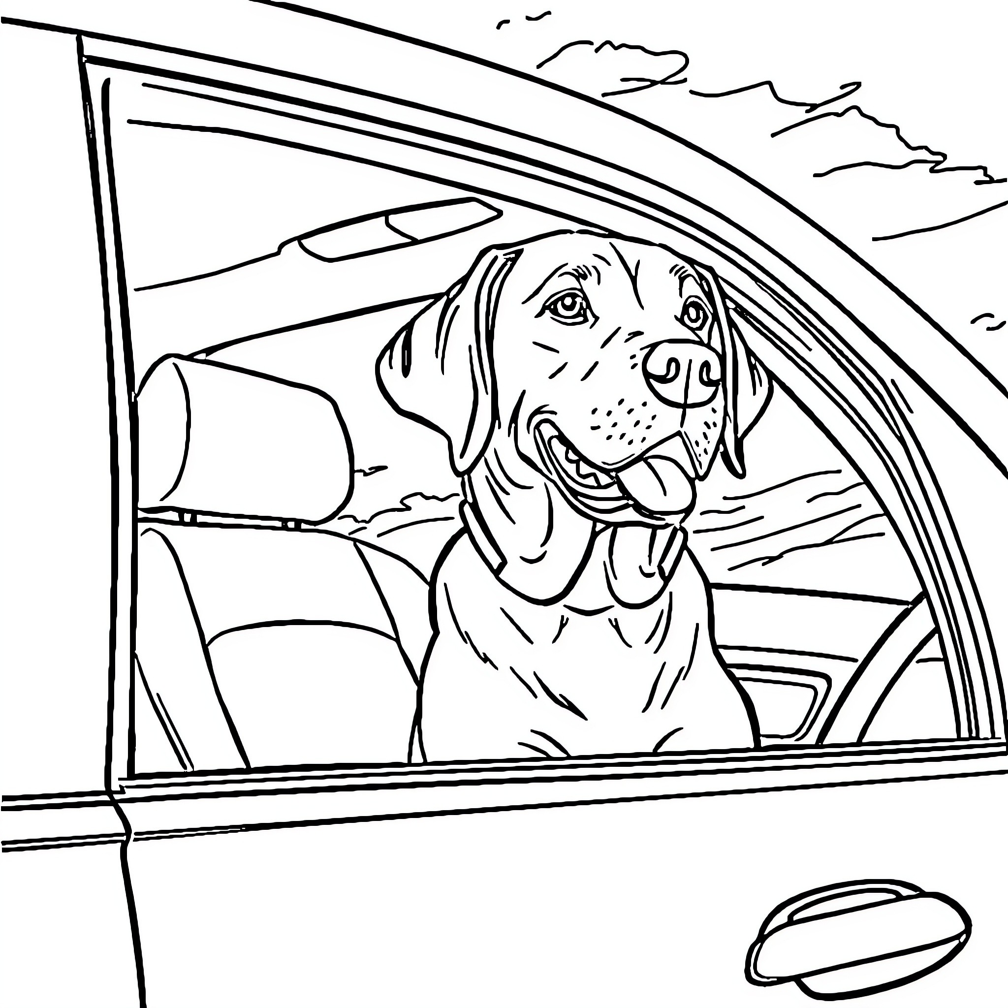 Labrador enjoying a car ride with head out the window Coloring Page (free black-and-white line drawing printable PDF for all, from beginners to advanced learners, including children, teens, adults, and seniors)