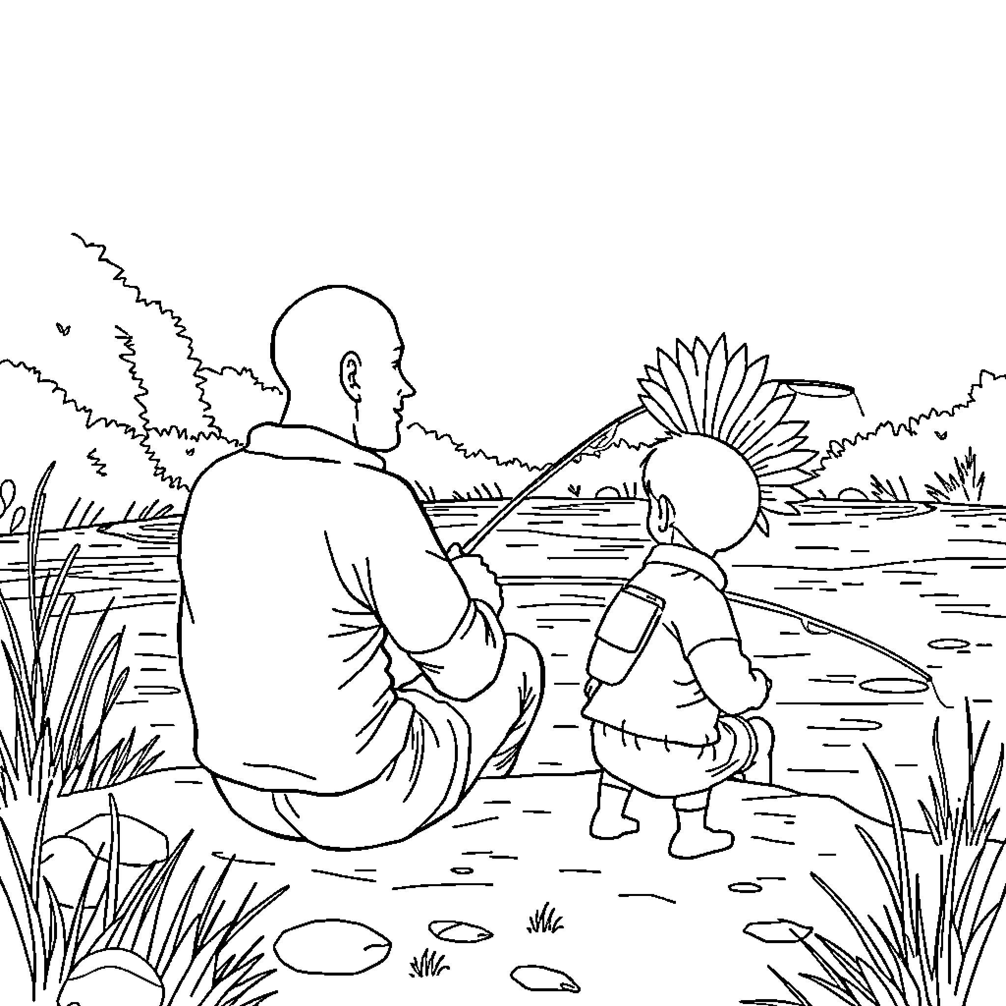 Fishing with a child in the lake Coloring Page (free black-and-white line drawing printable PDF for all, from beginners to advanced learners, including children, teens, adults, and seniors)