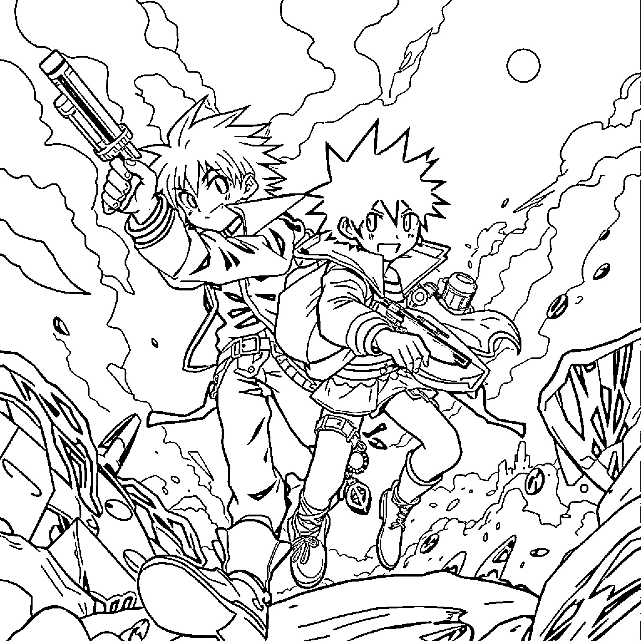 Hunter fighting fierce battle with sword and shield Coloring Page (free black-and-white line drawing printable PDF for all, from beginners to advanced learners, including children, teens, adults, and seniors)