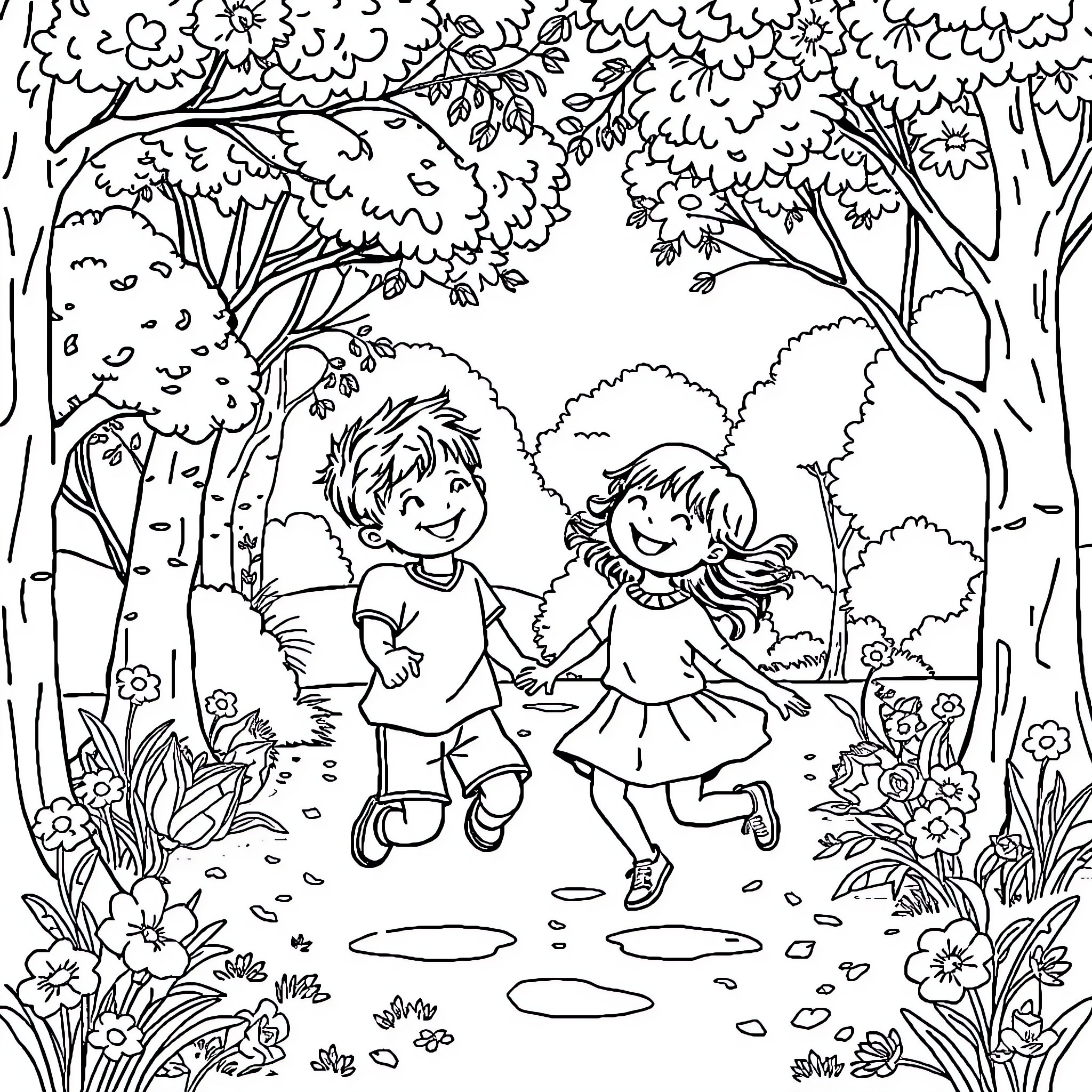 Child playing joyfully in the forest Coloring Page (free black-and-white line drawing printable PDF for all, from beginners to advanced learners, including children, teens, adults, and seniors)