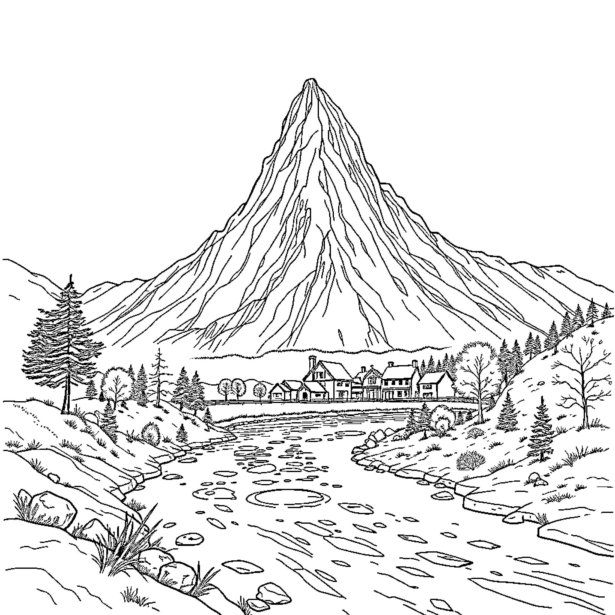 Mountain village in peaceful landscape Coloring Page (free black-and-white line drawing printable PDF for all, from beginners to advanced learners, including children, teens, adults, and seniors)