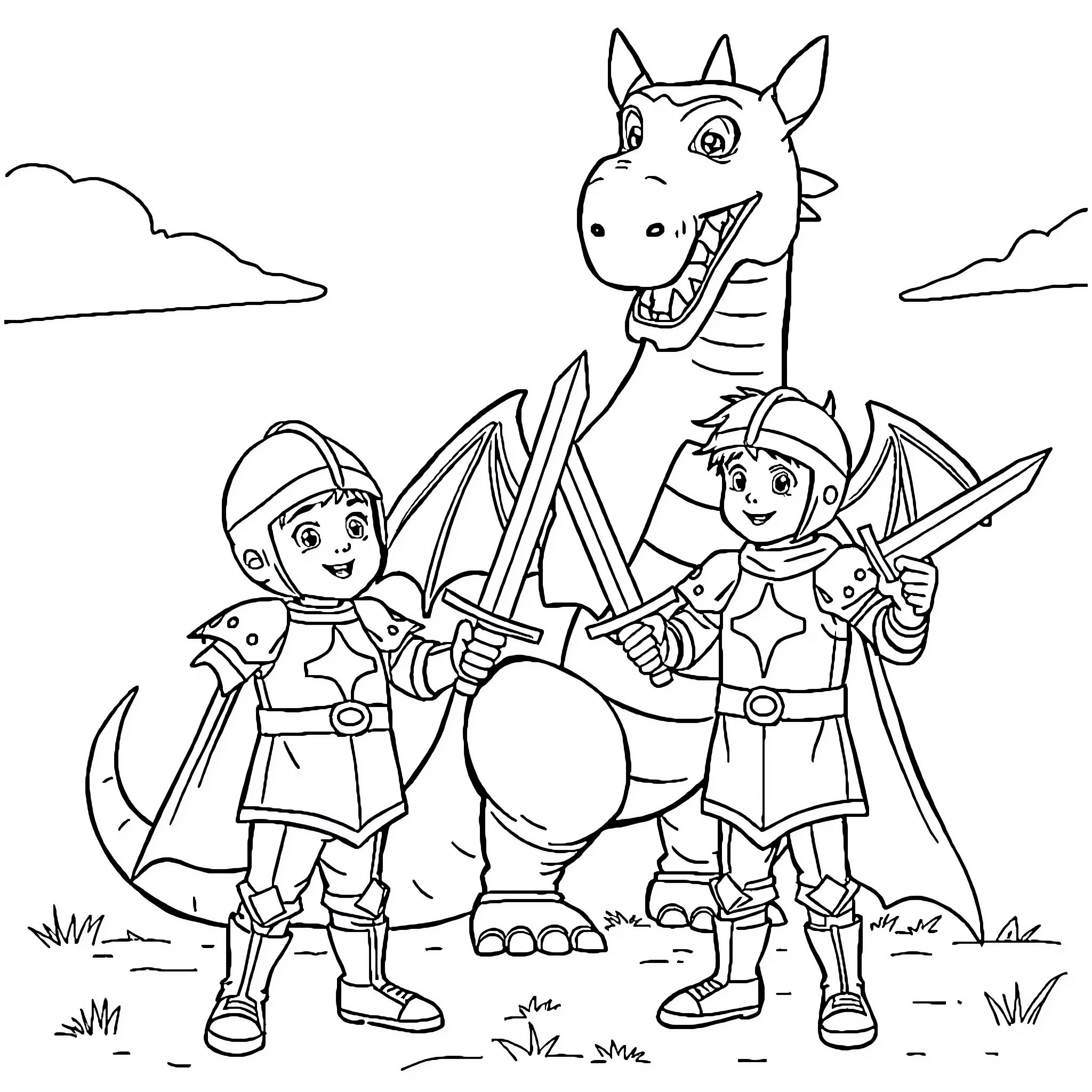 Knight and Young Squires on an Adventure Coloring Page (free black-and-white line drawing printable PDF for all, from beginners to advanced learners, including children, teens, adults, and seniors)