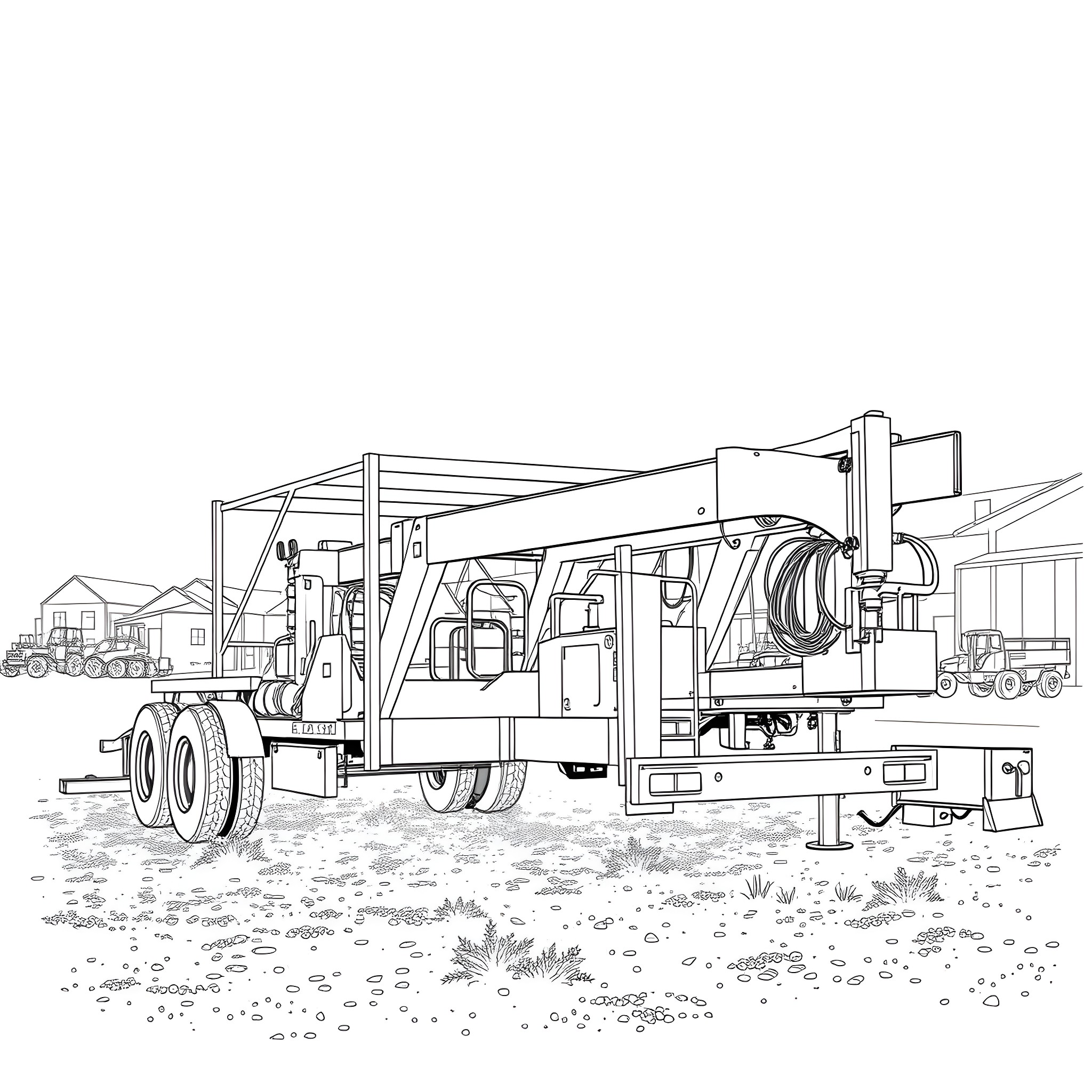 Utility Trailer Transporting Equipment on Construction Site Coloring Page (free black-and-white line drawing printable PDF for all, from beginners to advanced learners, including children, teens, adults, and seniors)