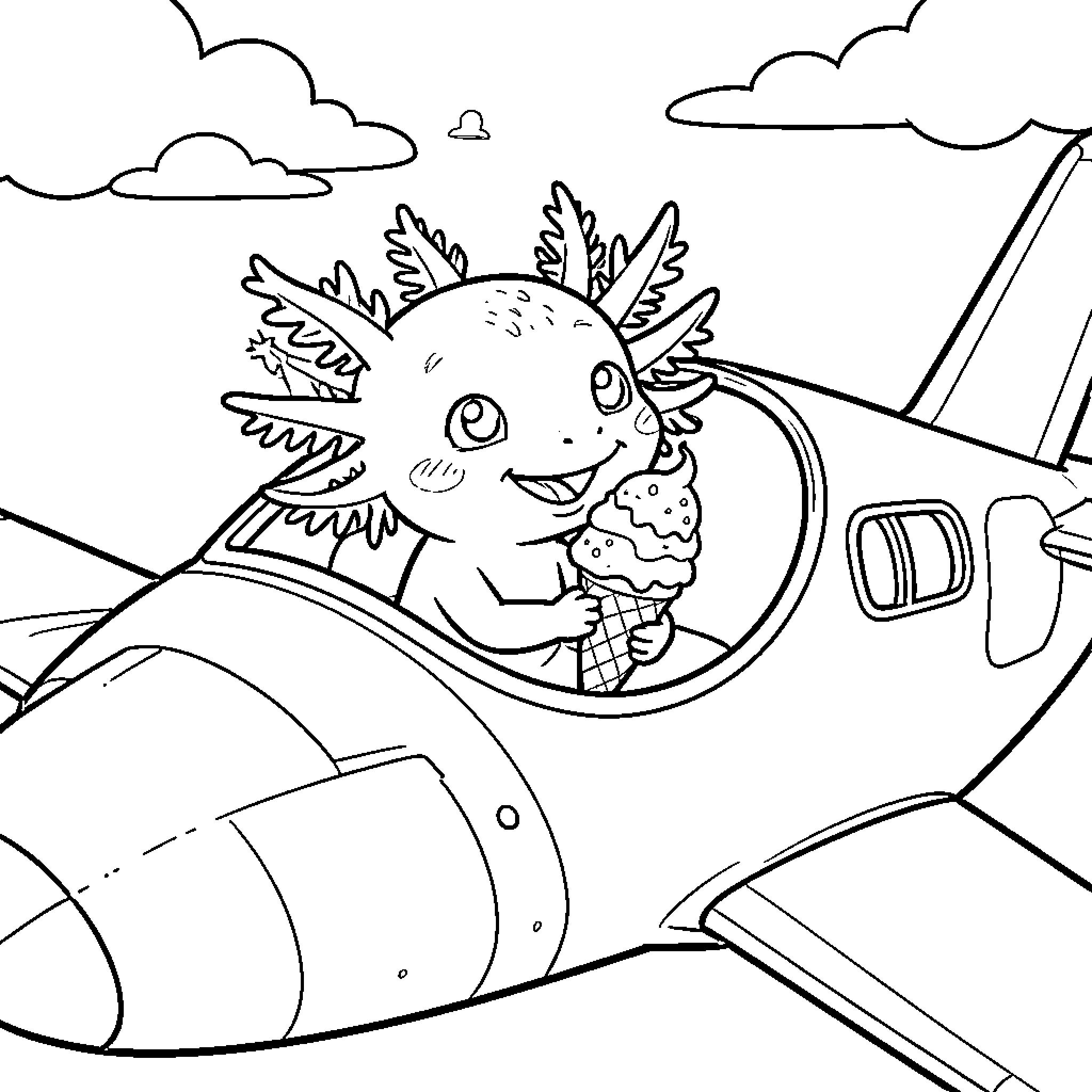 Axolotl flying a plane while eating ice cream Coloring Page (free black-and-white line drawing printable PDF for all, from beginners to advanced learners, including children, teens, adults, and seniors)