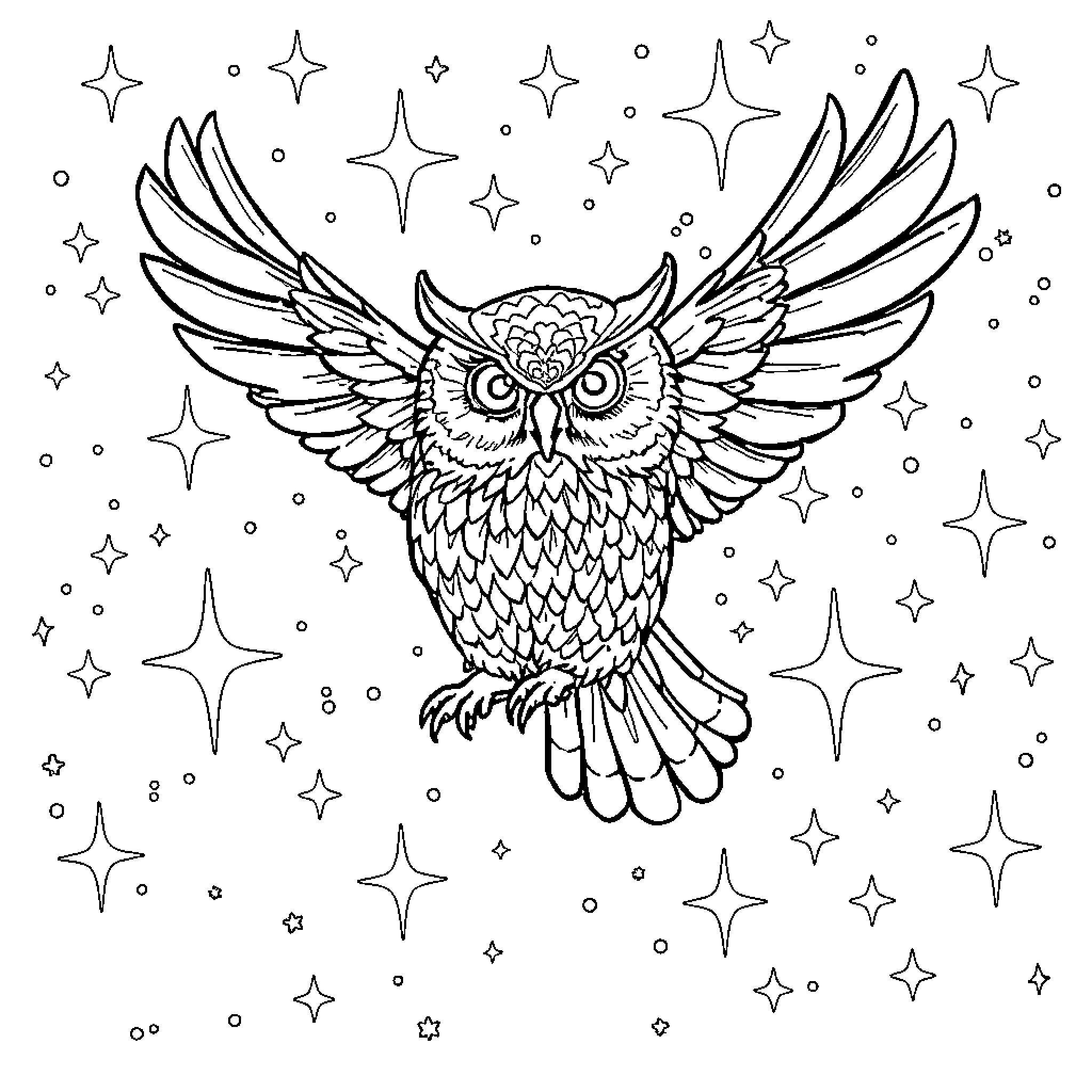 Owl soaring amidst twinkling stars in the night sky Coloring Page (free black-and-white line drawing printable PDF for all, from beginners to advanced learners, including children, teens, adults, and seniors)