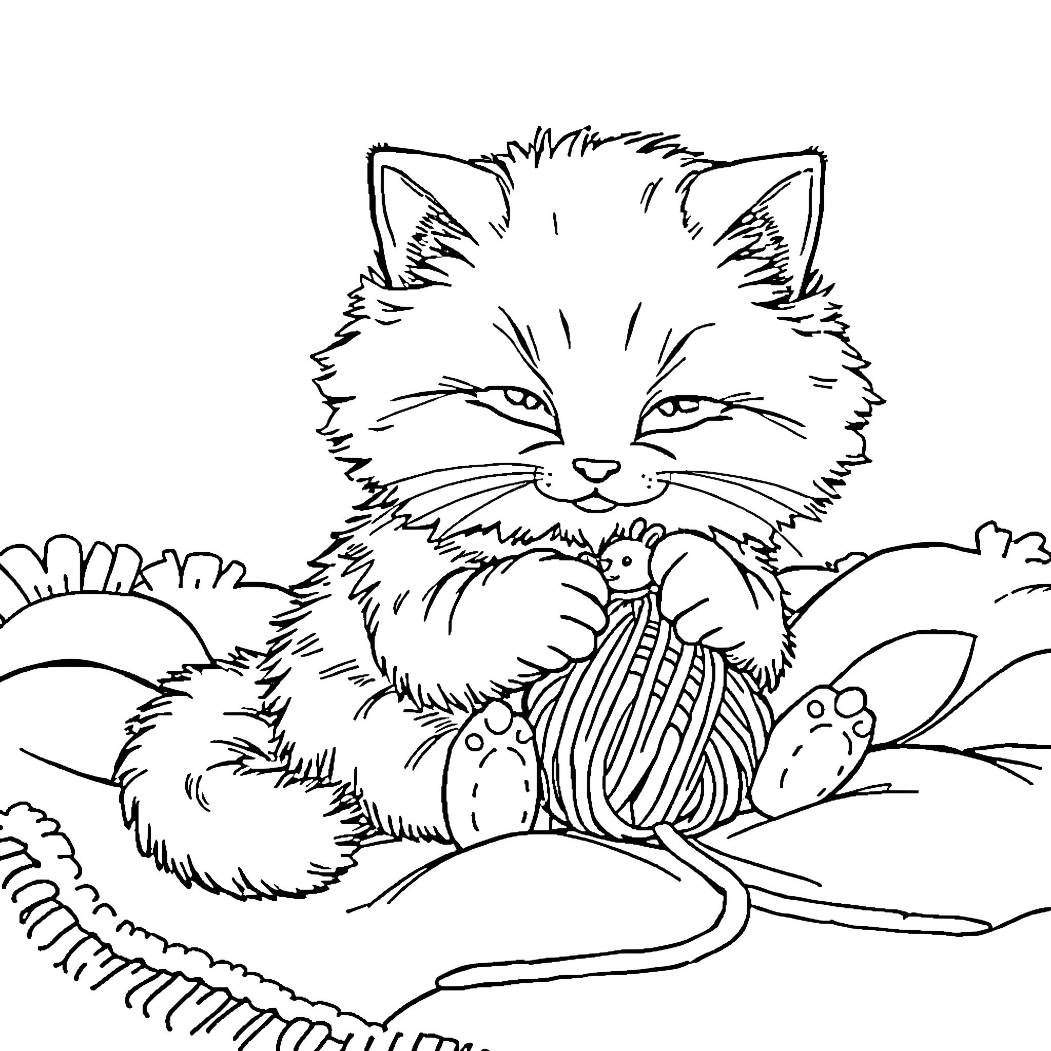 Cat snuggling cozy in a knitted blanket Coloring Page (free black-and-white line drawing printable PDF for all, from beginners to advanced learners, including children, teens, adults, and seniors)