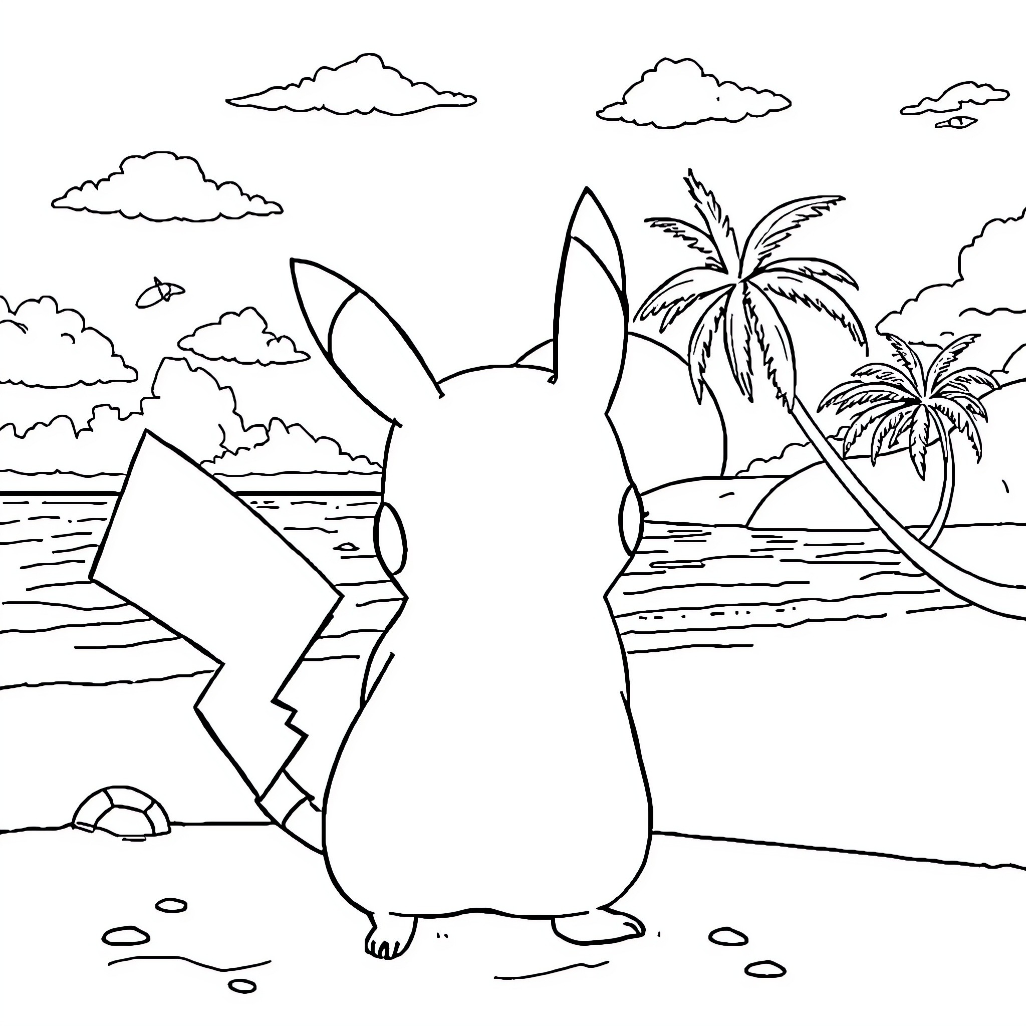 Pikachu enjoying the beach scenery Coloring Page (free black-and-white line drawing printable PDF for all, from beginners to advanced learners, including children, teens, adults, and seniors)